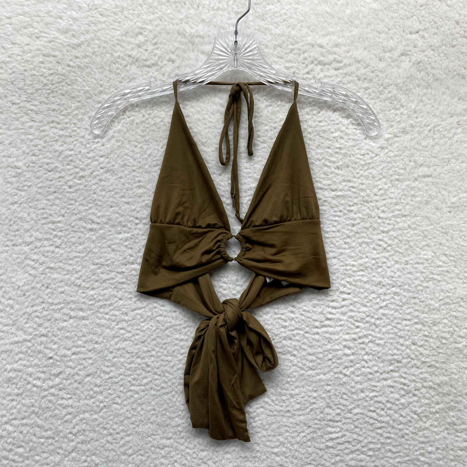 Y2K Vintage Halter Crop Top XL Tan O-Ring Boho Bohemian Festival Rave Club Party