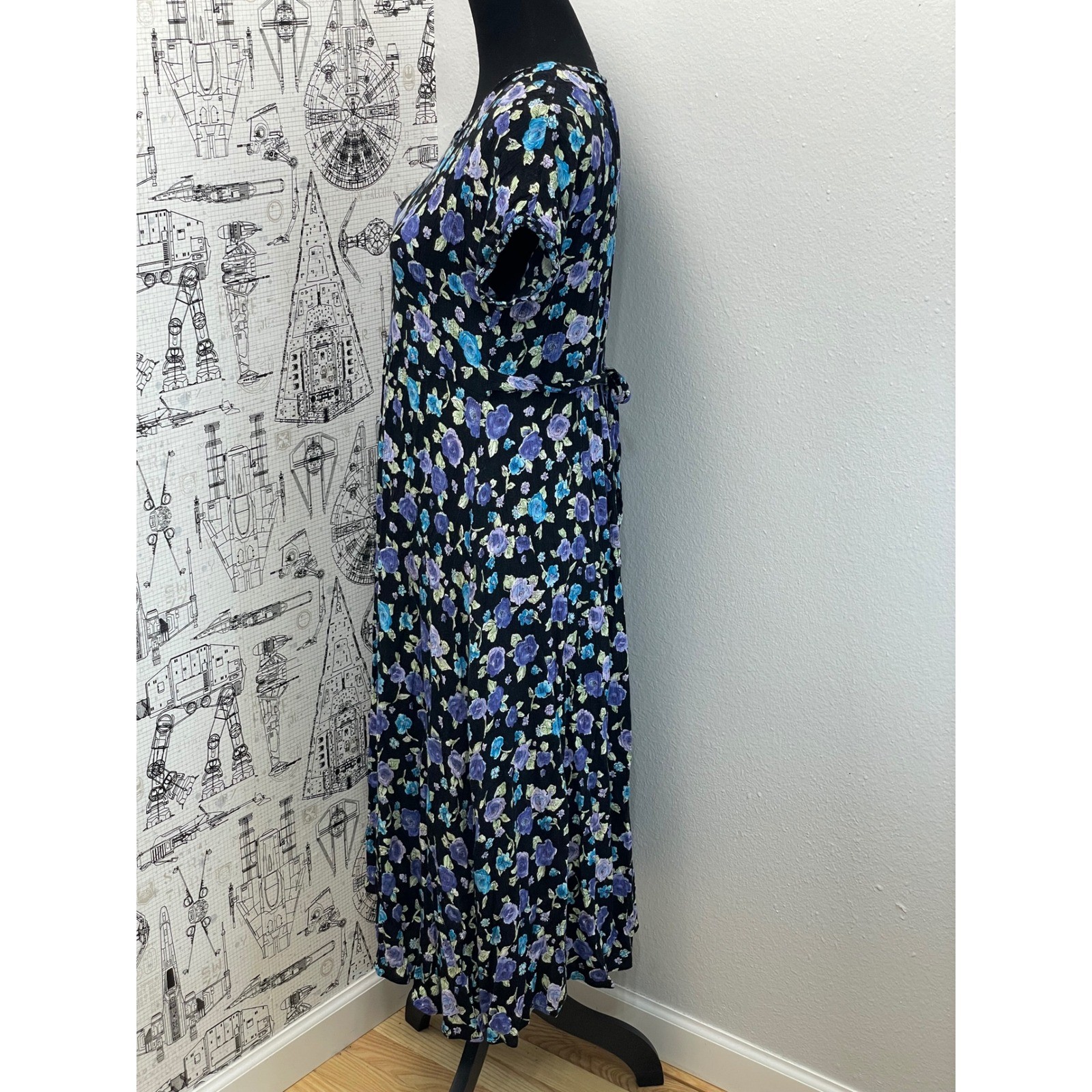Petite Jazz Floral Maxi Dress 8 Black Purple Blue Vintage 90s Grunge Cottagecore
