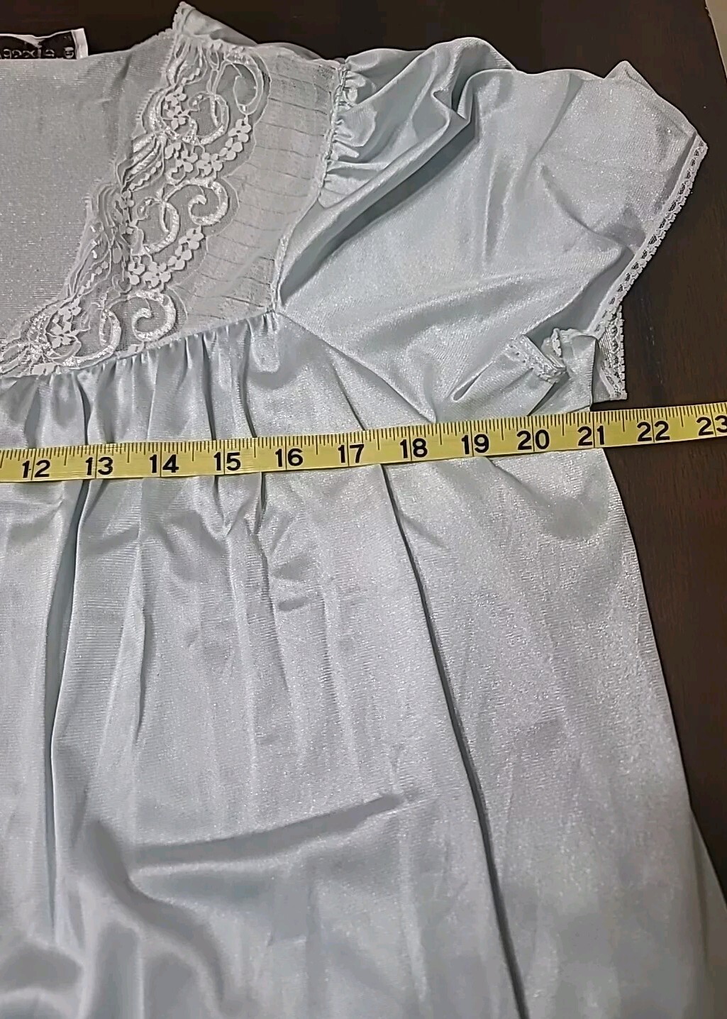 vtg 70s VASSARETTE Robe Light Blue Tricot Nylon Short Sleeve Lace Buttons Pocket