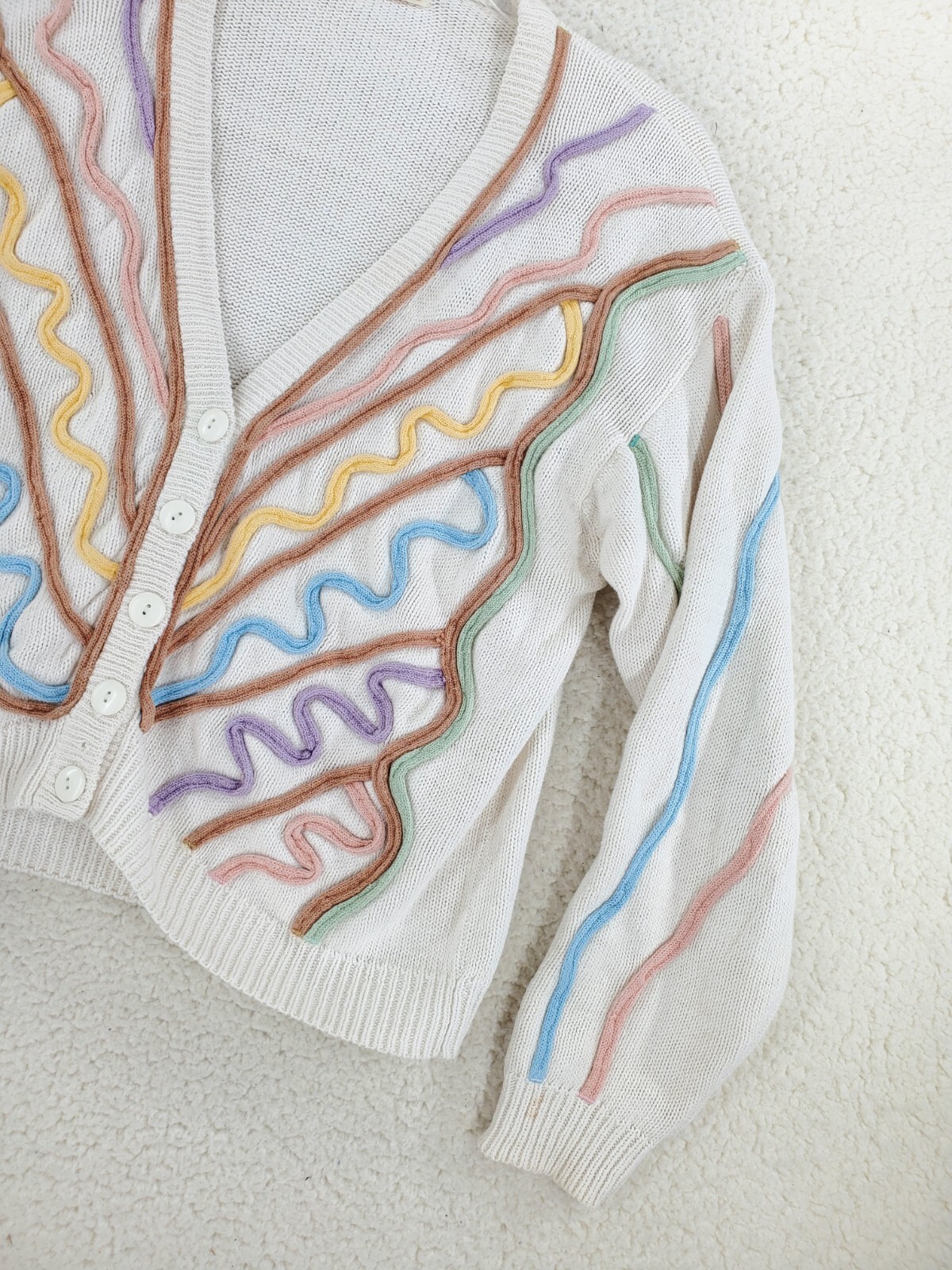Cardigan Sweater Button V-Neck Cream Colorful Pastel Overstitch Cable M Vtg 80s