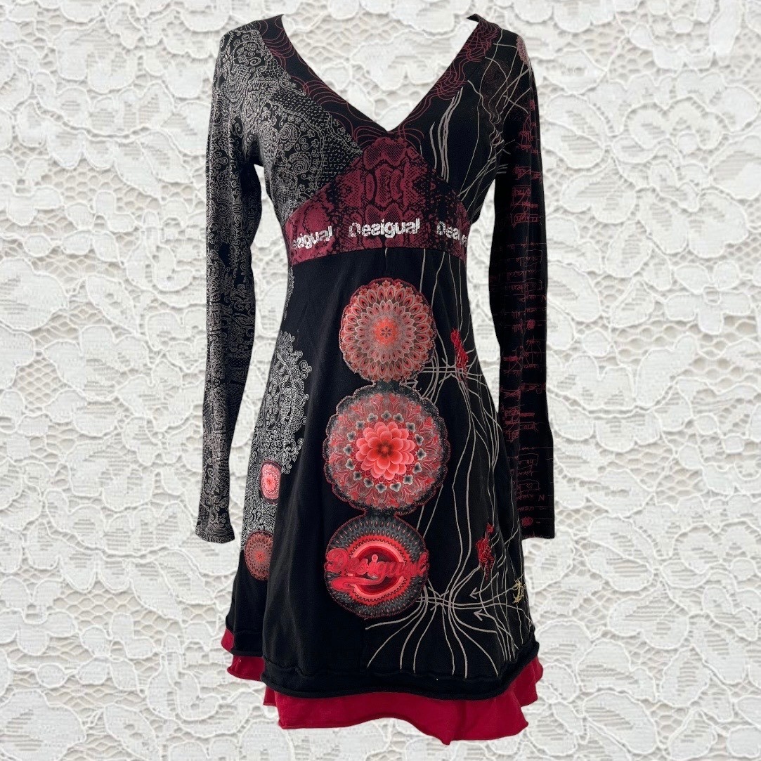 vintage desigual all over graphic patterned long sleeve babydoll mini dress