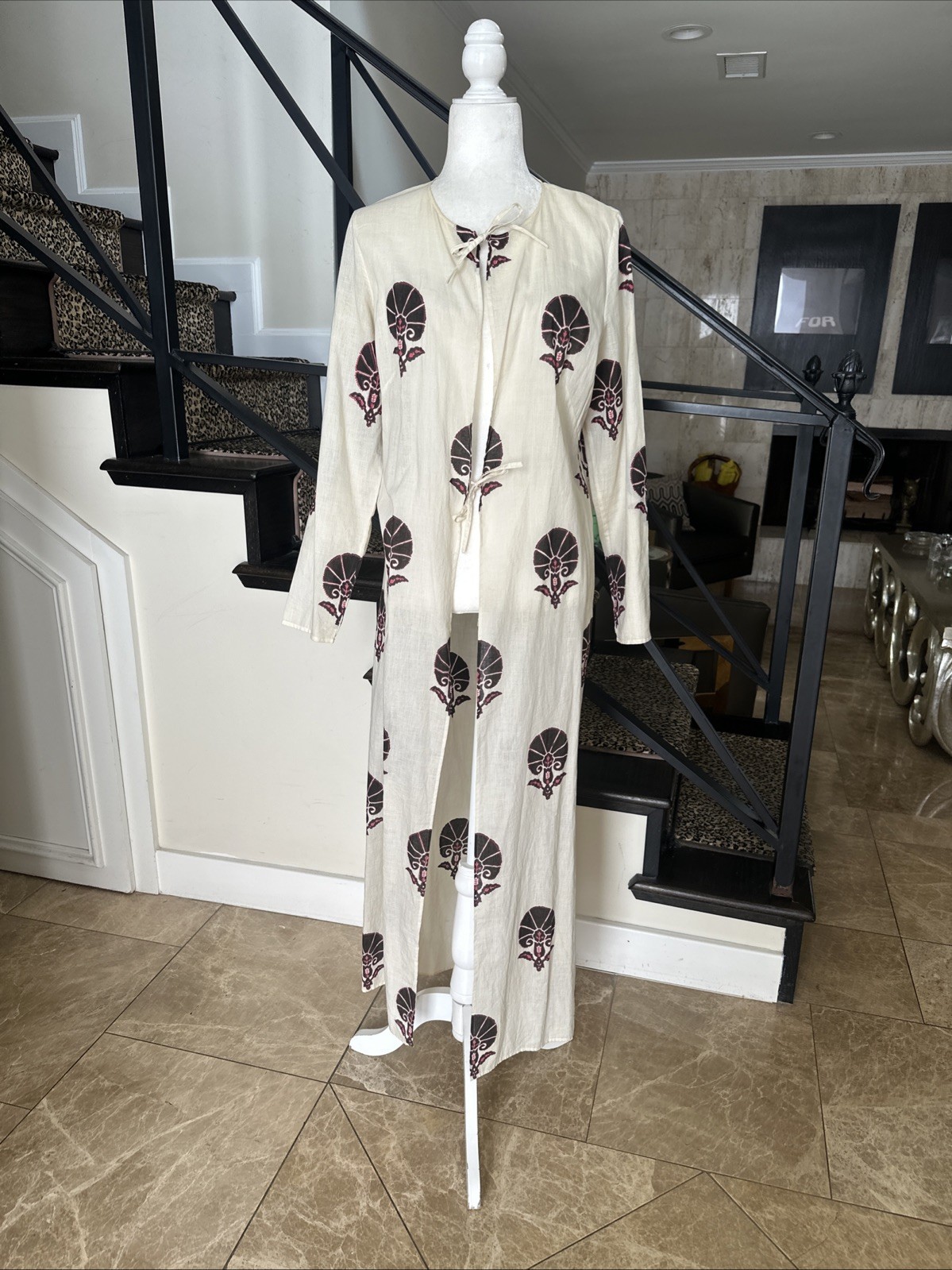 Muriel Brandolini VTG Graphic Print Long Cotton Tied Kaftan For Beach/Lounging S