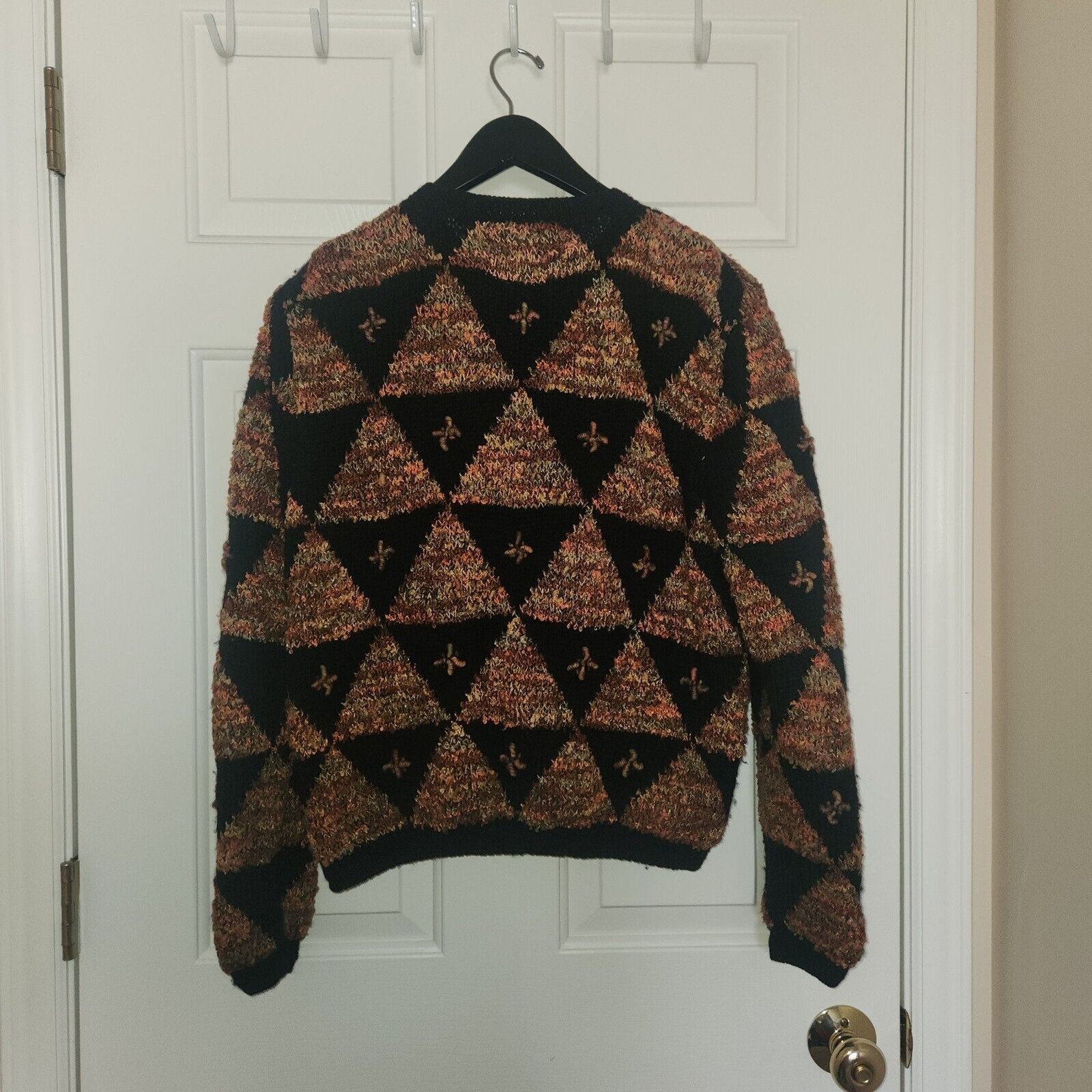 VTG SOUTH WOOL Hand Knit Bolivia Sweater Black Colorful Geo Cardigan Buttons L