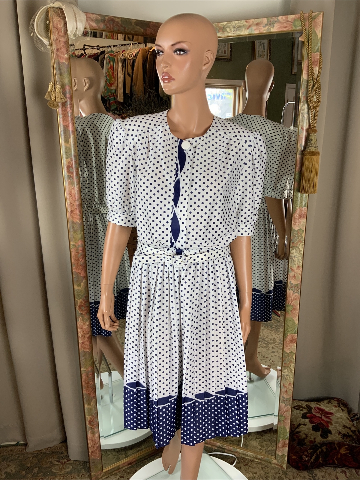 Vtg 80s Whirlaway Frocks Blue & White Polka Dot Belted Dress Sz 16P Bust 40