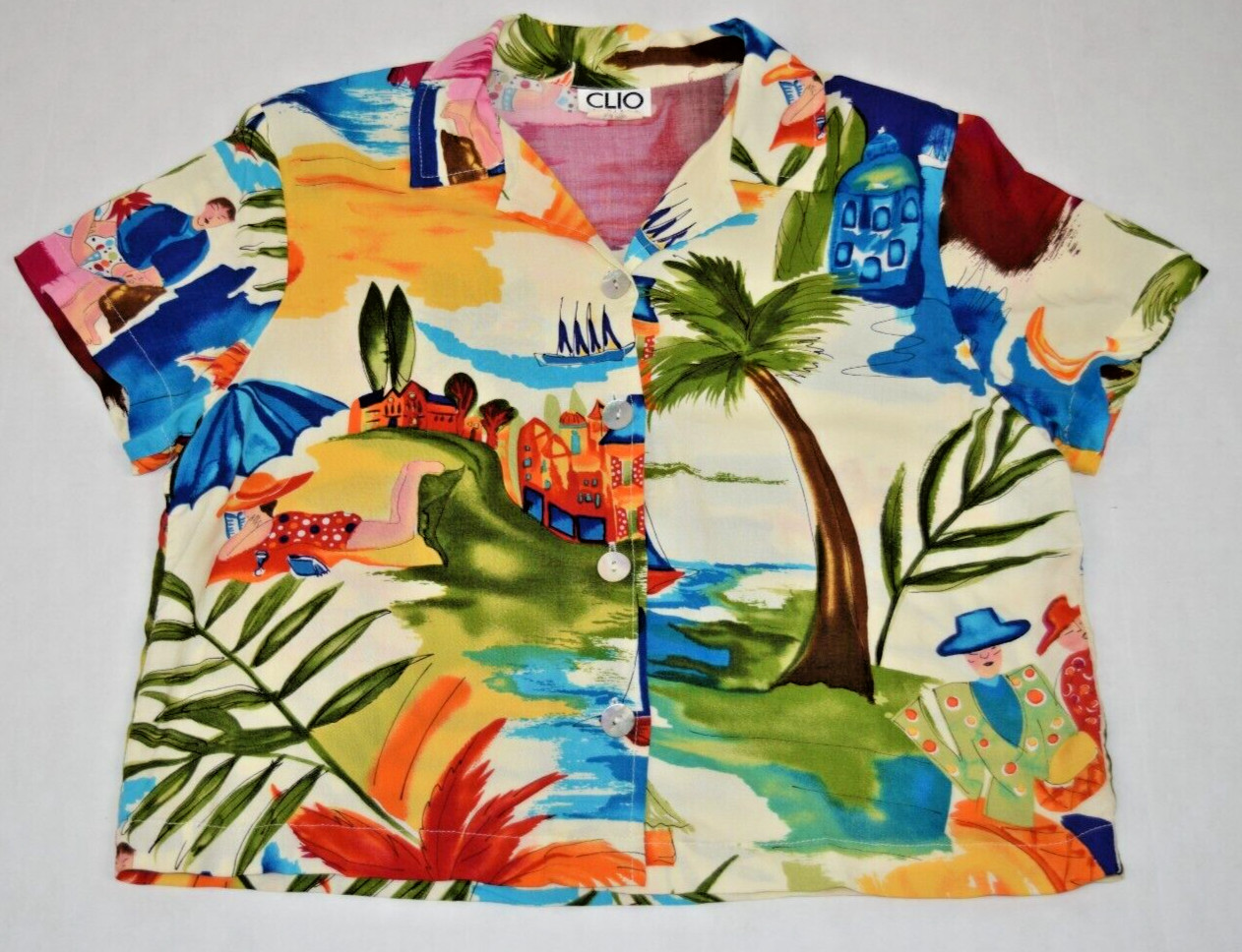 Vintage Womens Hawaiian Shirt Clio Petites Size PL 90s Tropical Paradise MadeUSA