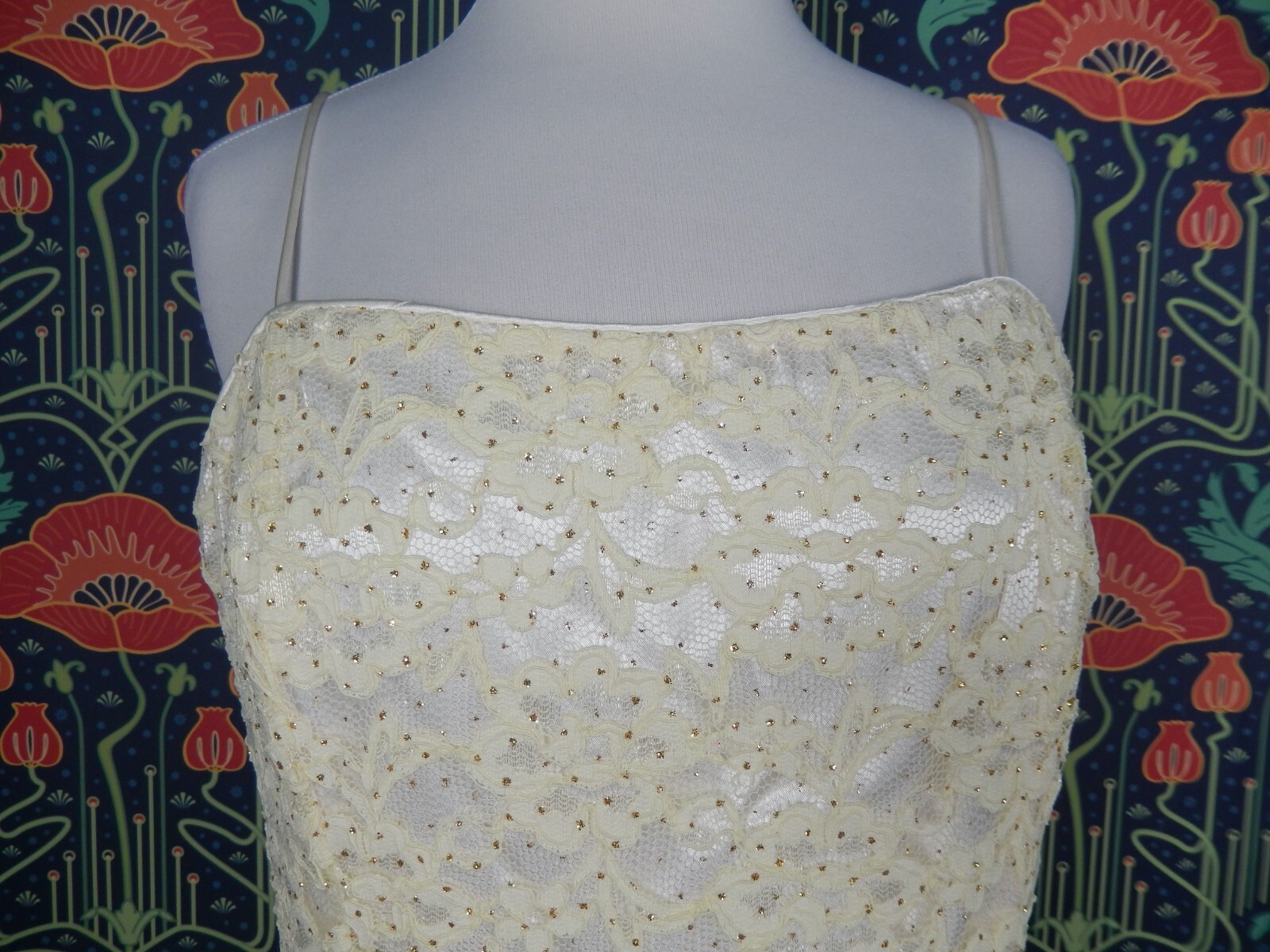 Vintage 90’s Y2K Ivory White Satin Lace Gold Glitter Prom Slip Gown Dress