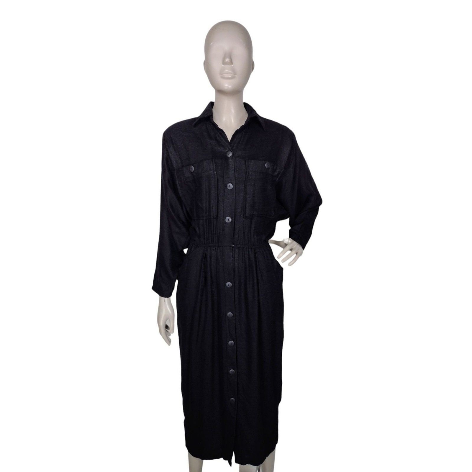 Vintage 80s Phoebe Black Textured Button-Down Batwing Sleeve Midi Wiggle Dress