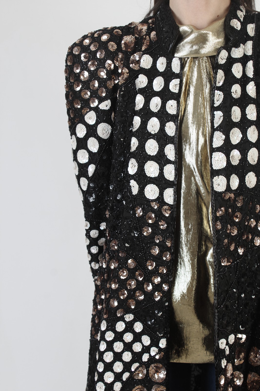 Vtg French Collizioni Black Beaded Jacket Gold Sequin Oversized Blazer Coat M