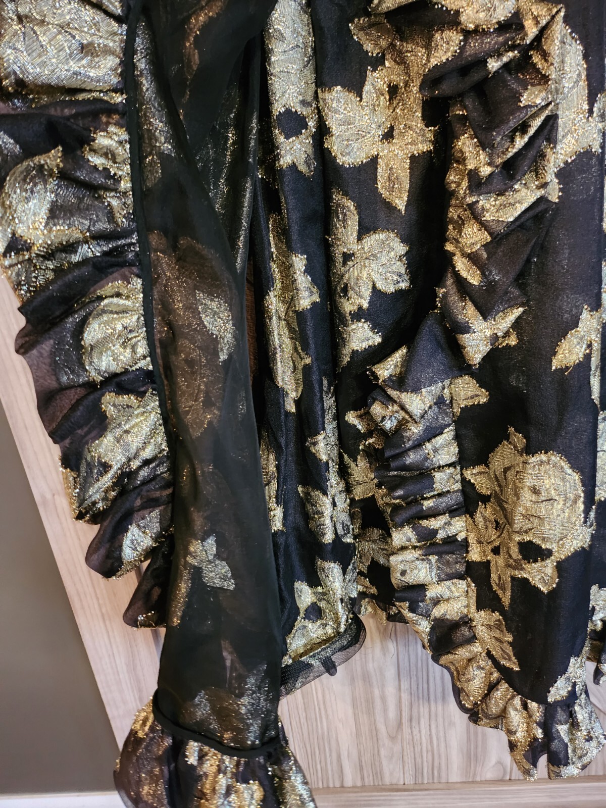 Roger Milot for Fred Perlberg VTG Gold Metallic Floral Ruffle Trim Evening Dress