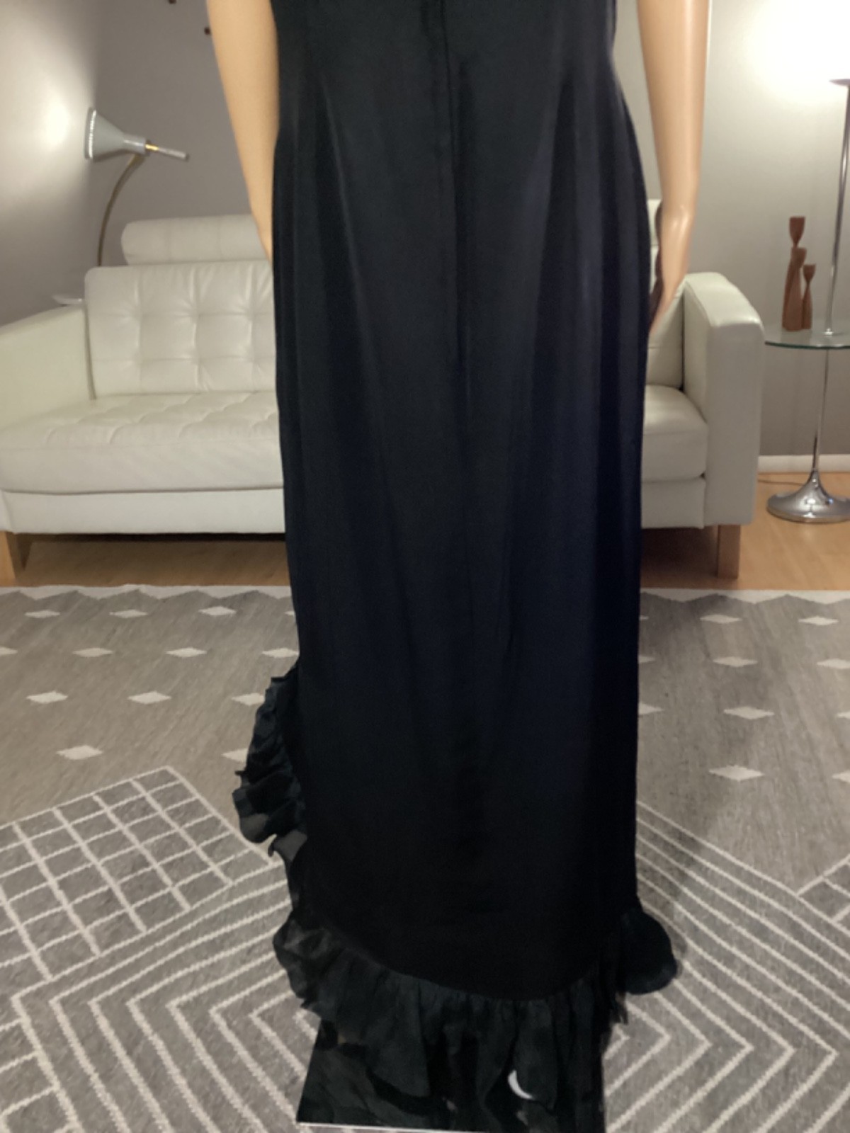 Vintage 50’s Black Wiggle Maxi Cocktail Evening Dress Chiffon Ruffle Trim XL