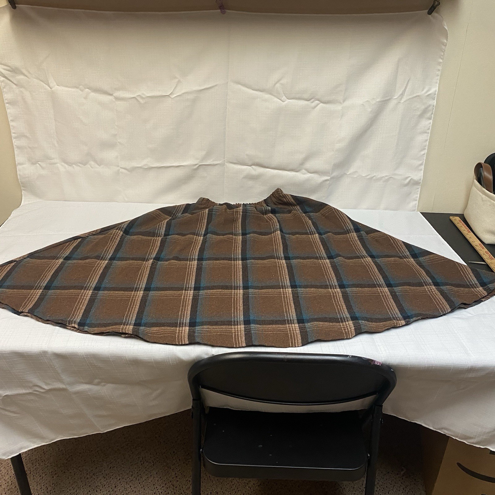 Vintage Half Circle Skirt Brown & Blue Plaid Flair W/ Pocket A Paquette