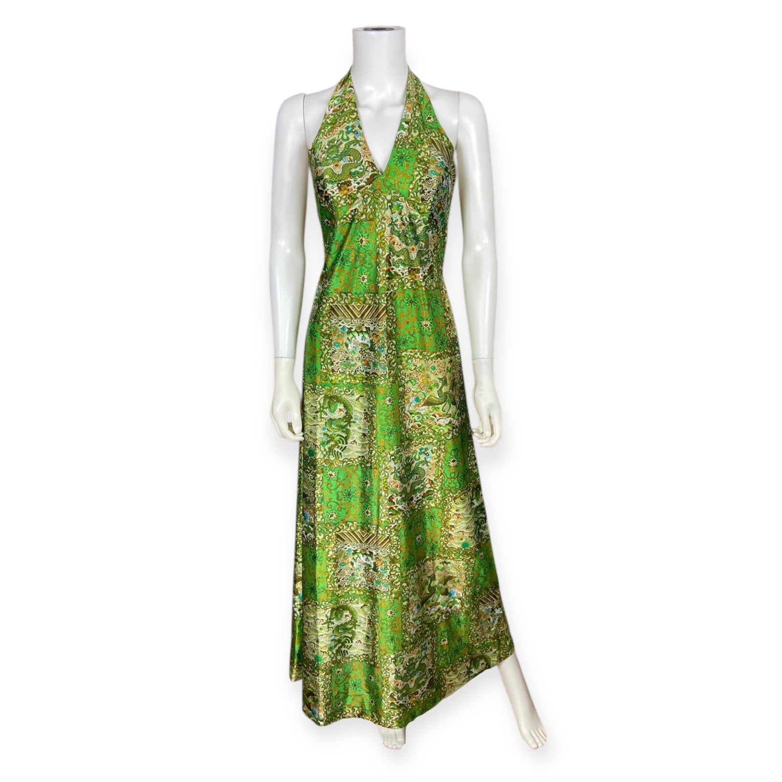 Vintage 60s 70s Women’s Green Satin Psychedelic Halter Maxi Dress Dragon Print