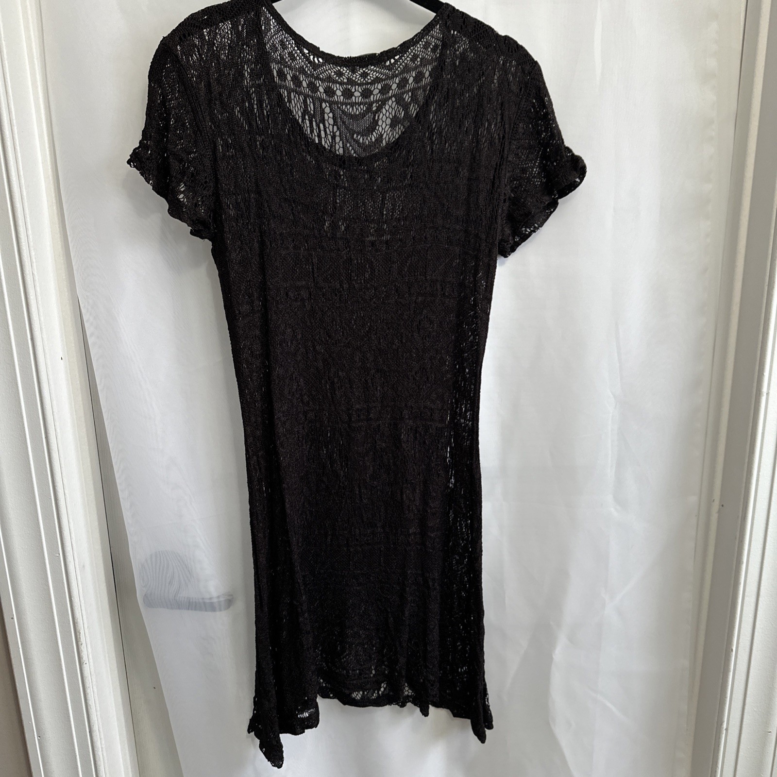 Vintage Brentwood Black Lace Overlay Dress Sheer Crochet Knit Short Sleeve