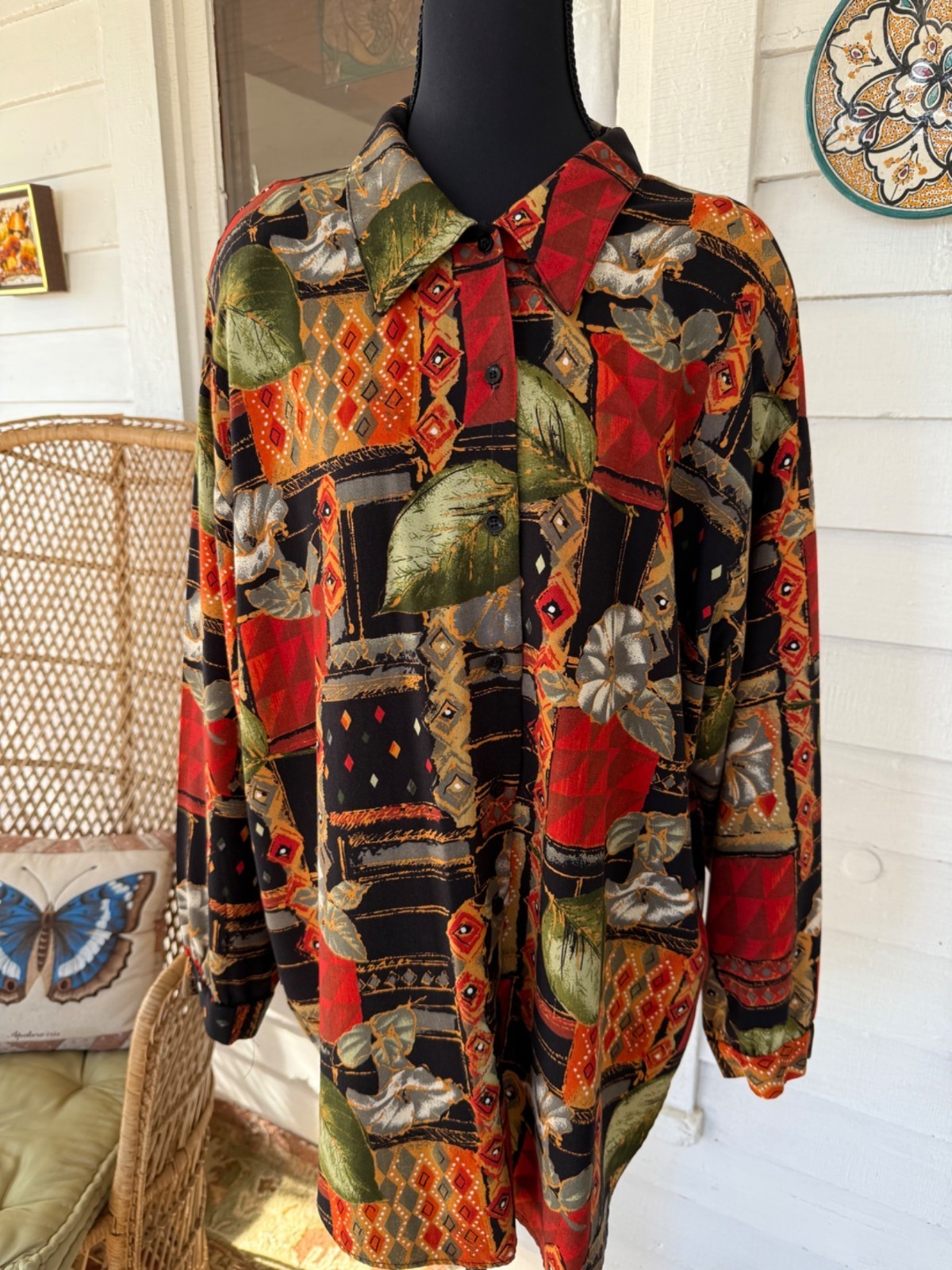 Vintage 80s Abstract Floral Oversized Rayon Long Button Blouse Size M/38