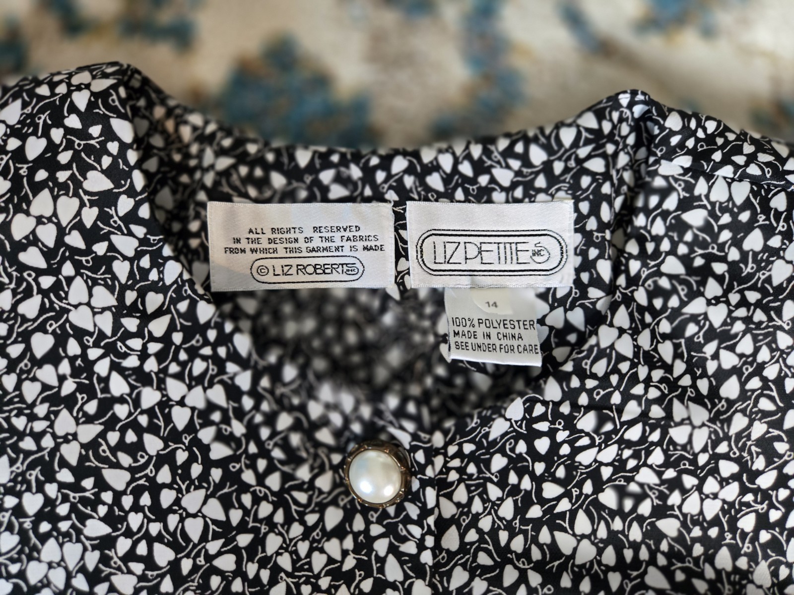 Vintage 80s/90s Black/White Hearts (Leaf?) Dress Petite 14 Massive Shoulder Pads