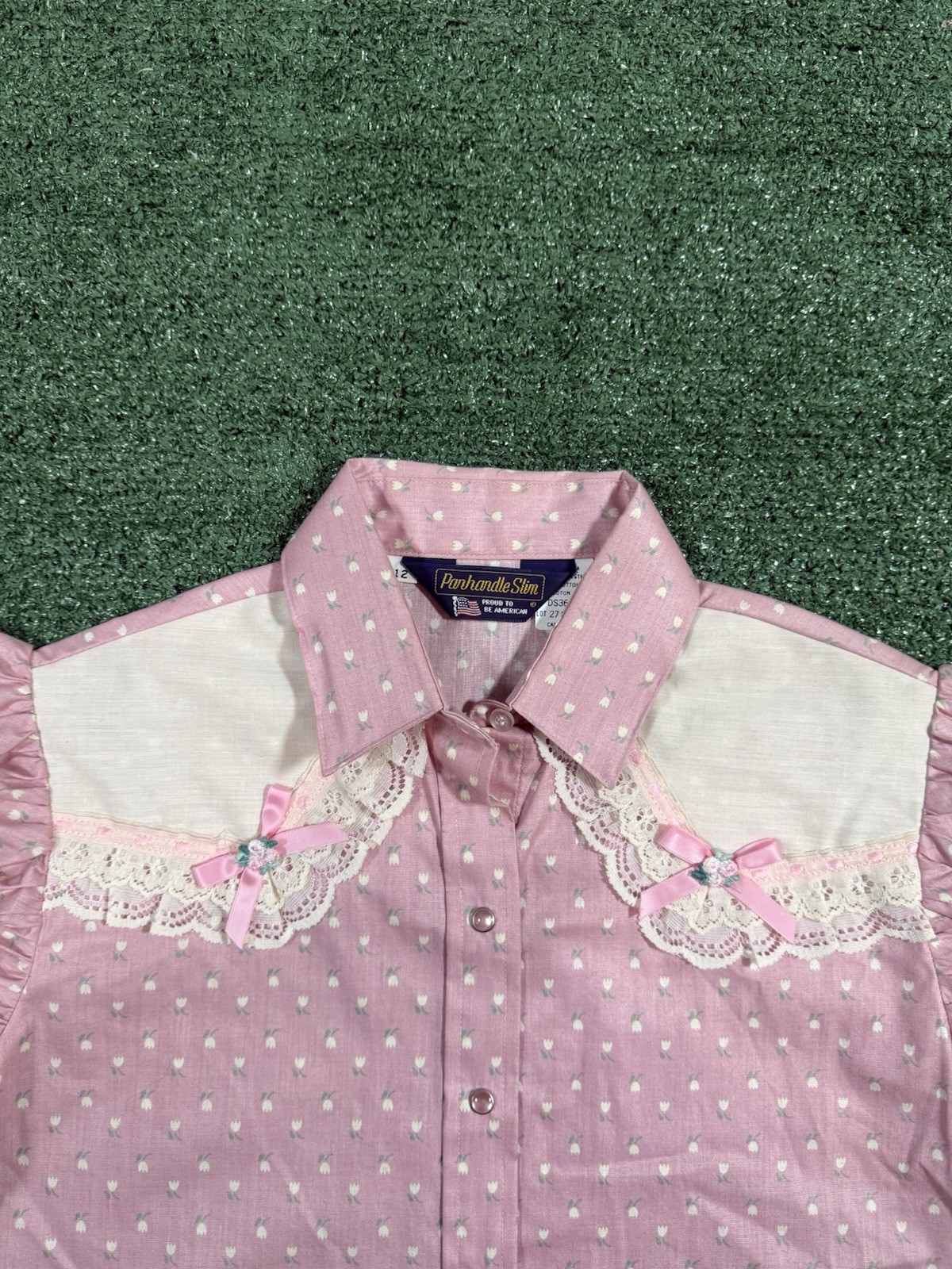 80s Vintage Panhandle Slim Woman’s Western Pearl Snap Pink Shirt Size 12 USA
