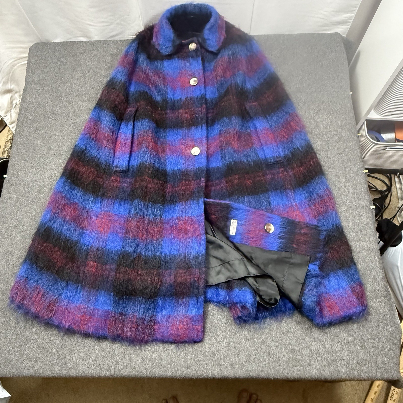 Vintage Scotch House Plaid Wool Cape Coat Blue Purple Swing Lined