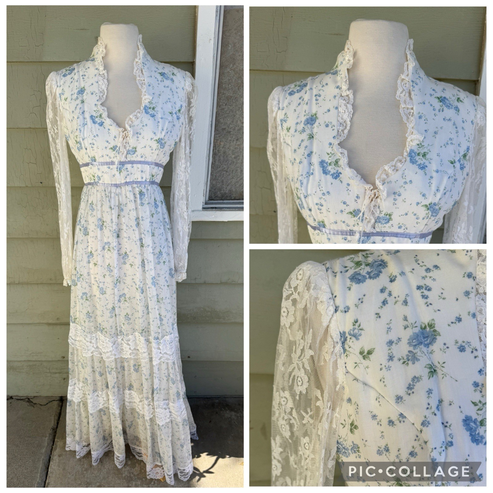 Gunne Sax Maxi Dress Blue White Flowers Lace Long Sleeve Cottagecore Boho 9/10 M