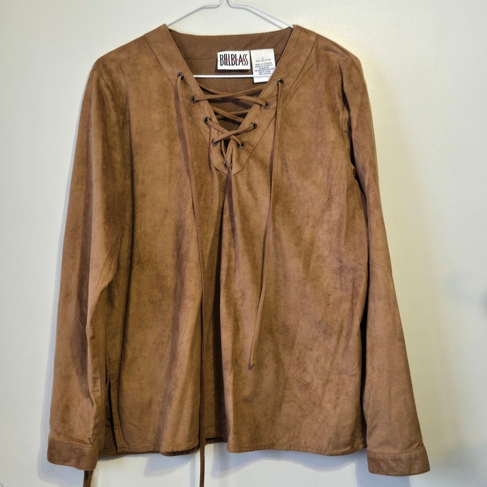 Bill Blass Vintage 90’s Brown Faux Suede LS Top with Tie Tassle Size Large