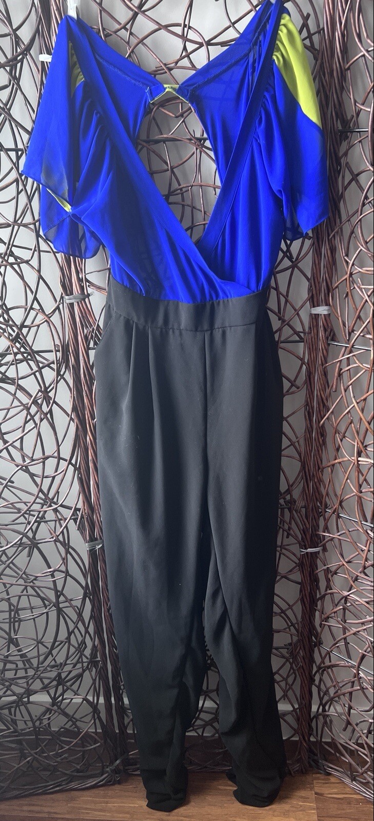 BUTTERFLY SLEEVE ONE PIECE RETRO BLUE GREEN AND BLACK CHIFFON JUMPSUIT
