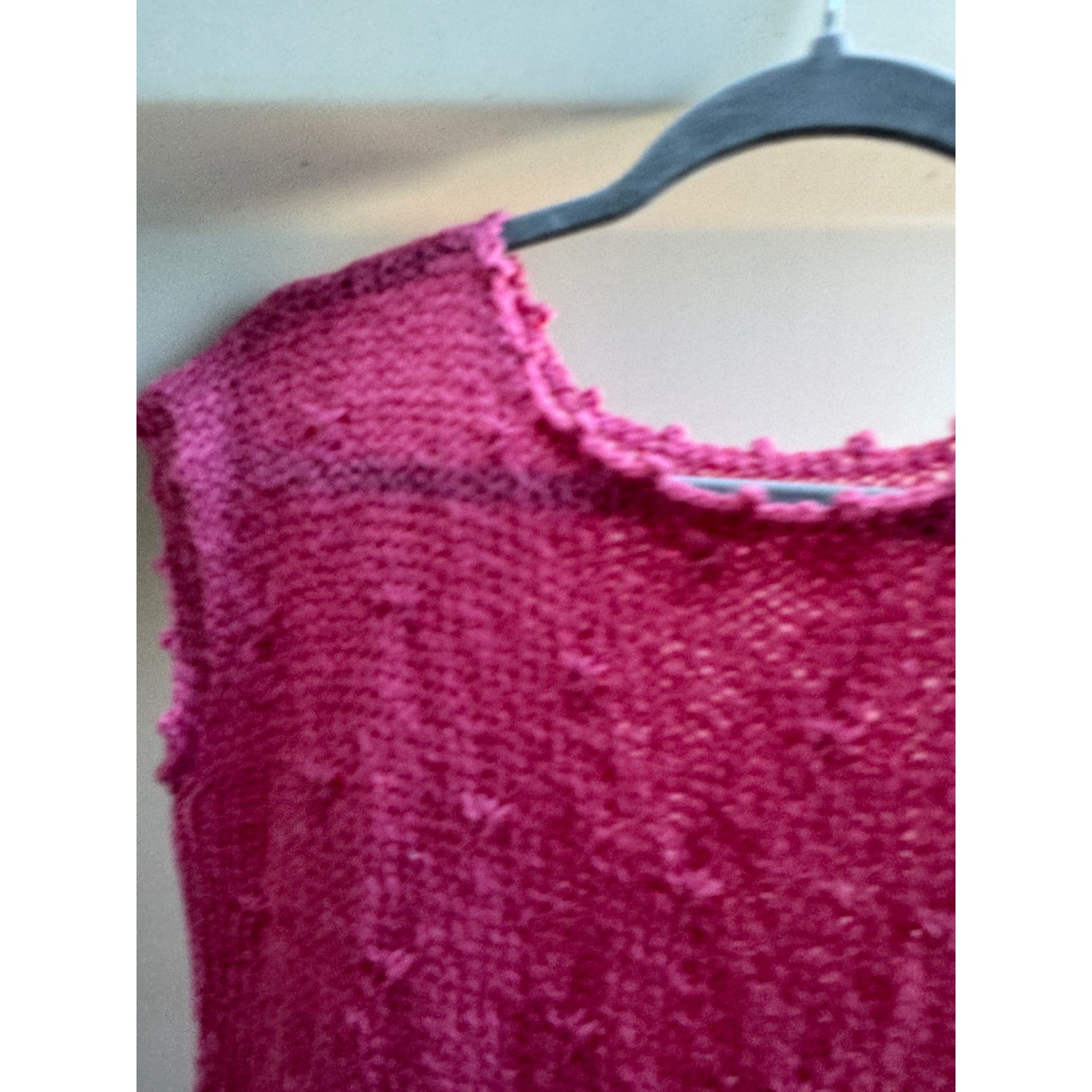 Vintage Handmade Knit Top Magenta Pink Sleeveless Pointelle Artisanal Boho