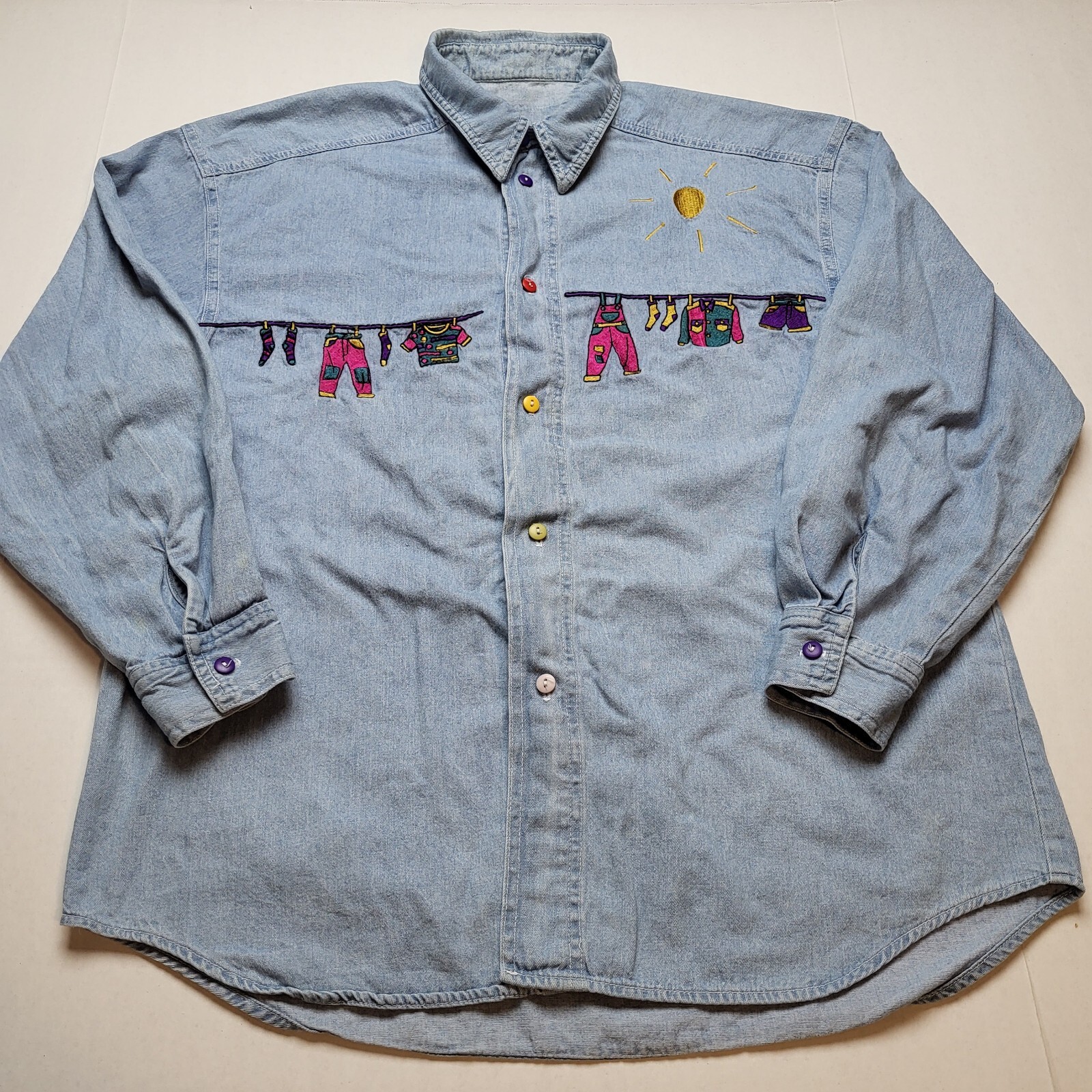 Vtg Denim Clothesline Shirt Womens L Blue Playful Long Sleeve 90s S88
