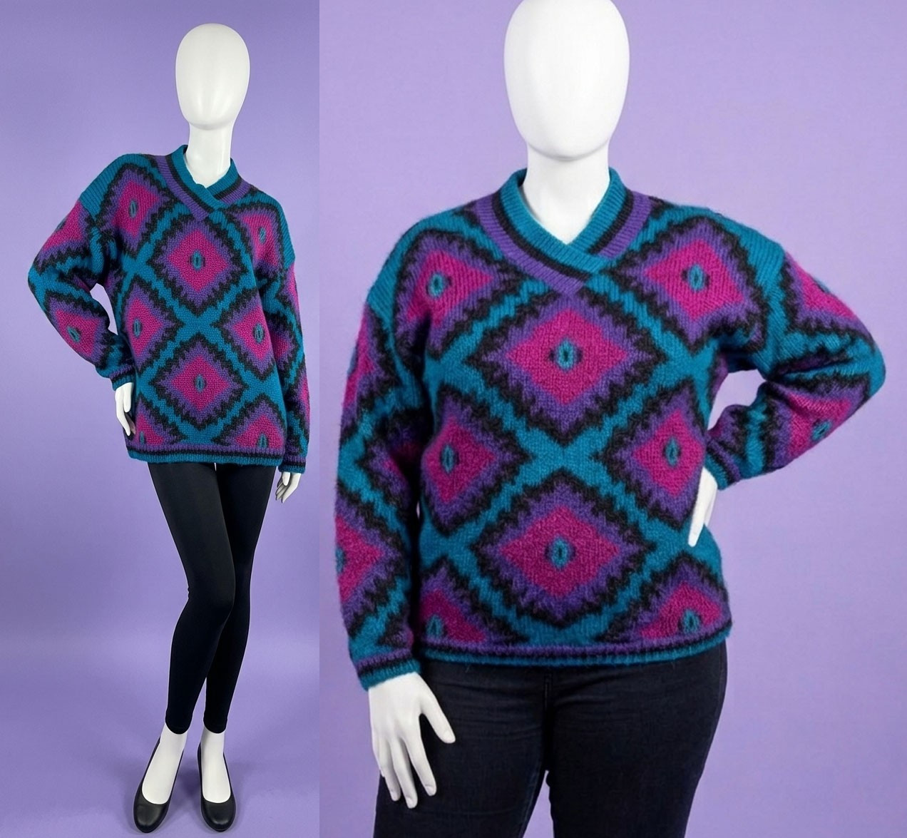 Vintage 1980’s Mohair Blend Peacock Print Jewel Tone Sweater One Size Fits Most