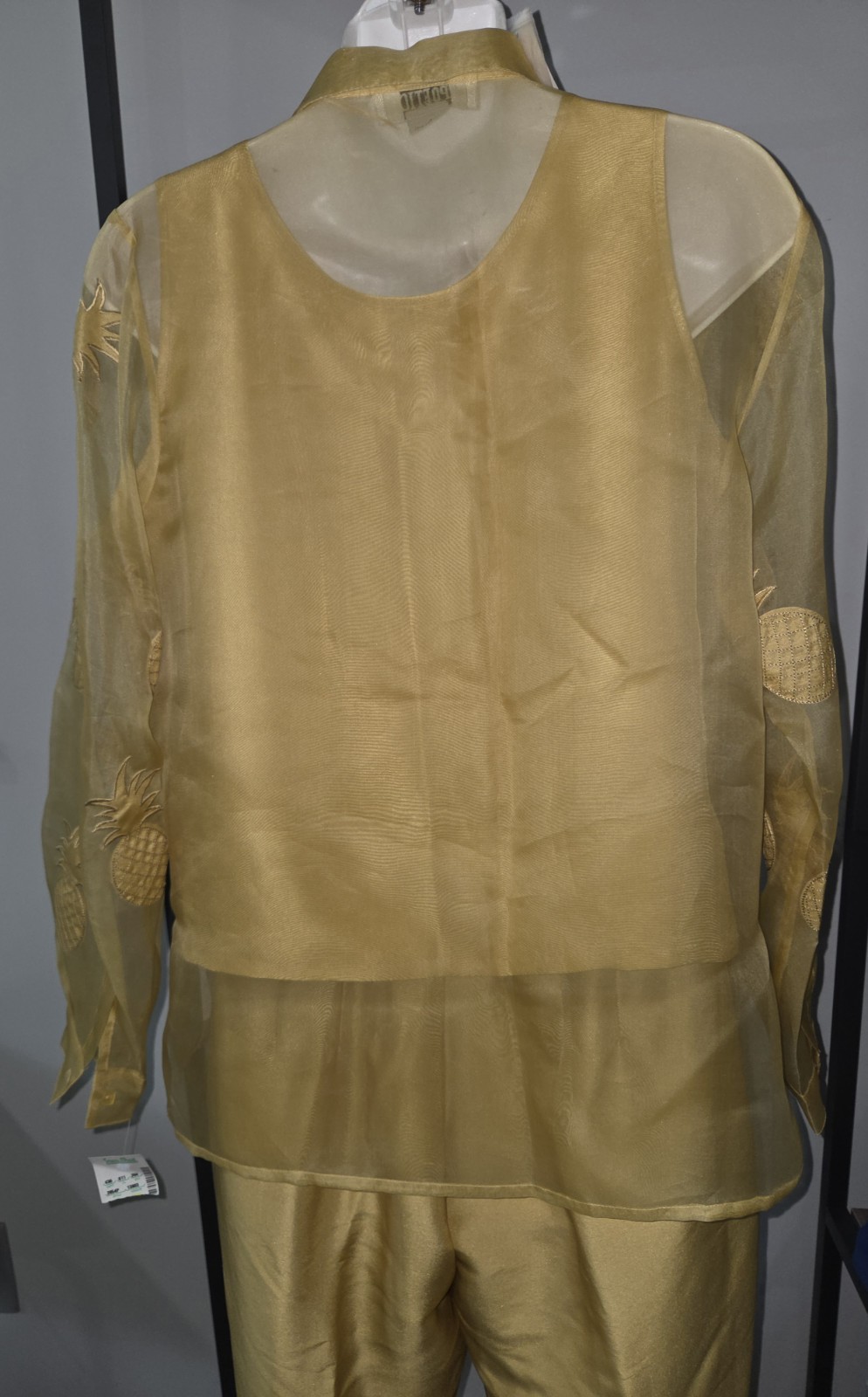 Vintage sz 8 Poetic Petite Gold Silk Outfit Sheer Pineapple Blouse Shell Pants