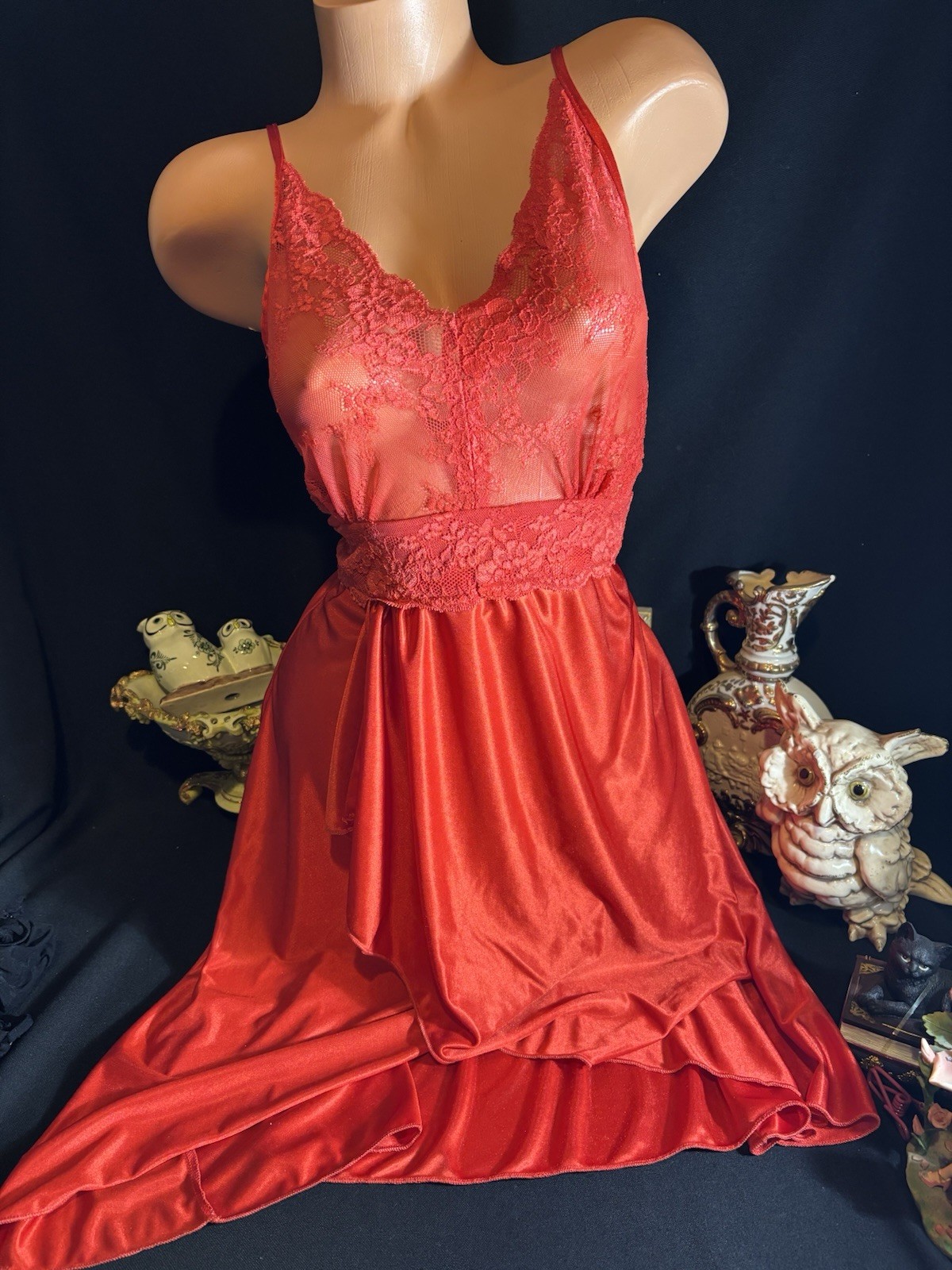 Vtg Silky High Slit Nightie Shiny W Sheer Wide Frilly Chantilly Lace Nightgown