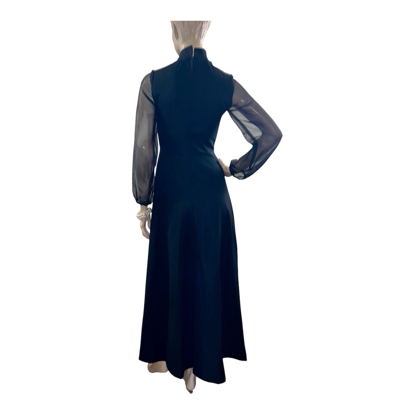 Vintage 1970 Cocktail Dress Black Party Sheer Sleeve Maxi Polyester Full Swipe S