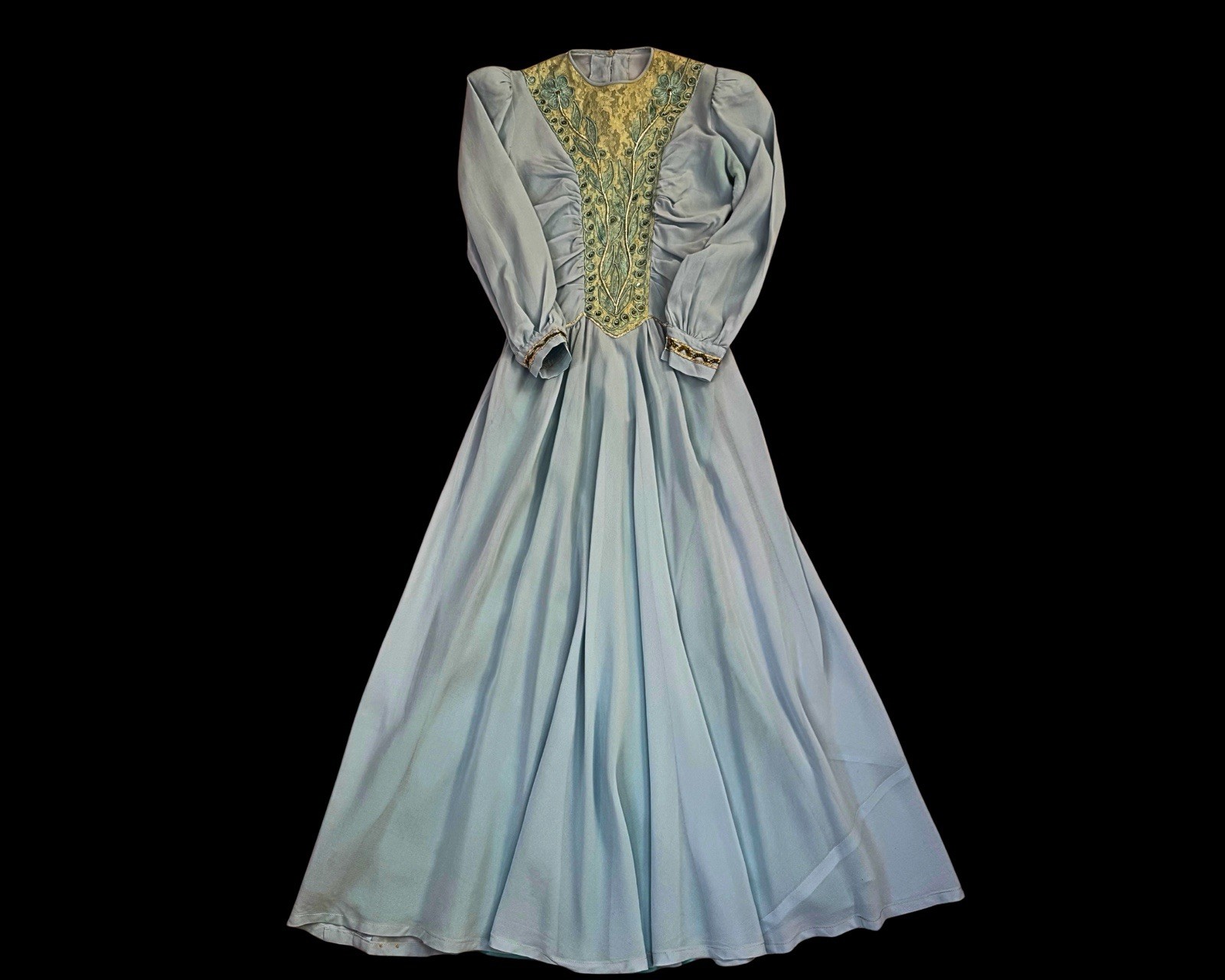 1940s Soft Blue Rayon Crepe and Lace Sequin embellished Strong Shoulder | XXS