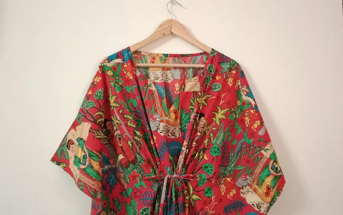 Frida Kahlo Design Caftan Indian Bohemian Nightwear Red Dress Long Kaftan Maxi