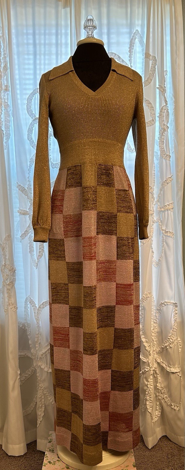 VTG Maxi Dress Gold Metallic Collared Acrylic Sweater by Shayne Hong Kong 13/14
