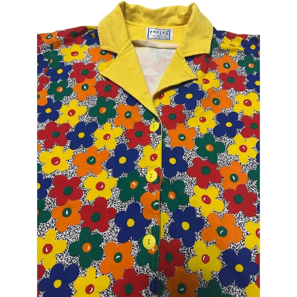 Vintage POPLEG Button Up Shirt Womens Medium Yellow Collar Groovy Daisy 80s 90s