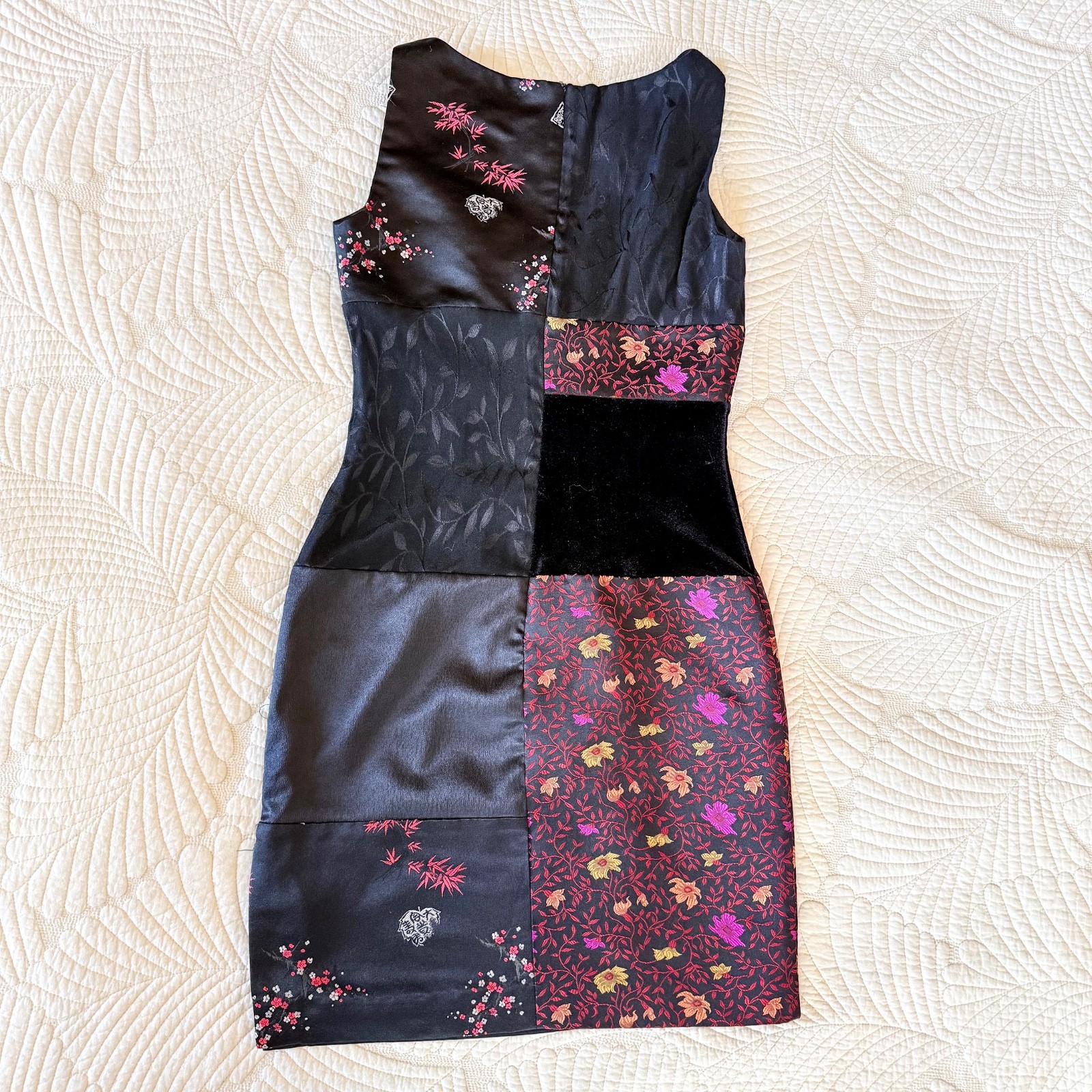 VTG 90s Asian Whimsigoth Patchwork Floral Brocade & Velvet Sheath Dress Size 2P