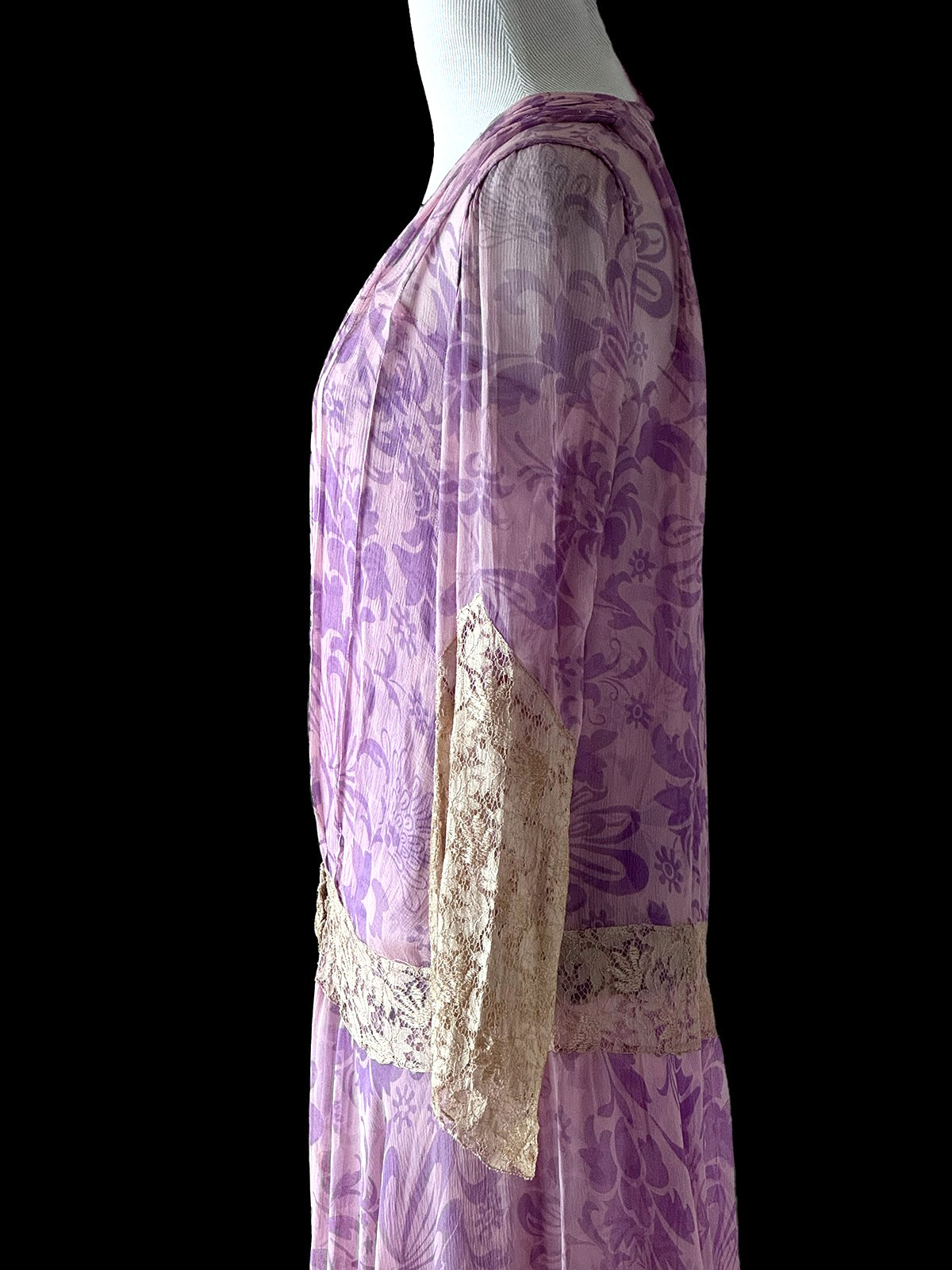 Vintage 20s Dress, 1920s Silk Chiffon and Lace 2 Piece Lavender Dress Set, S/M