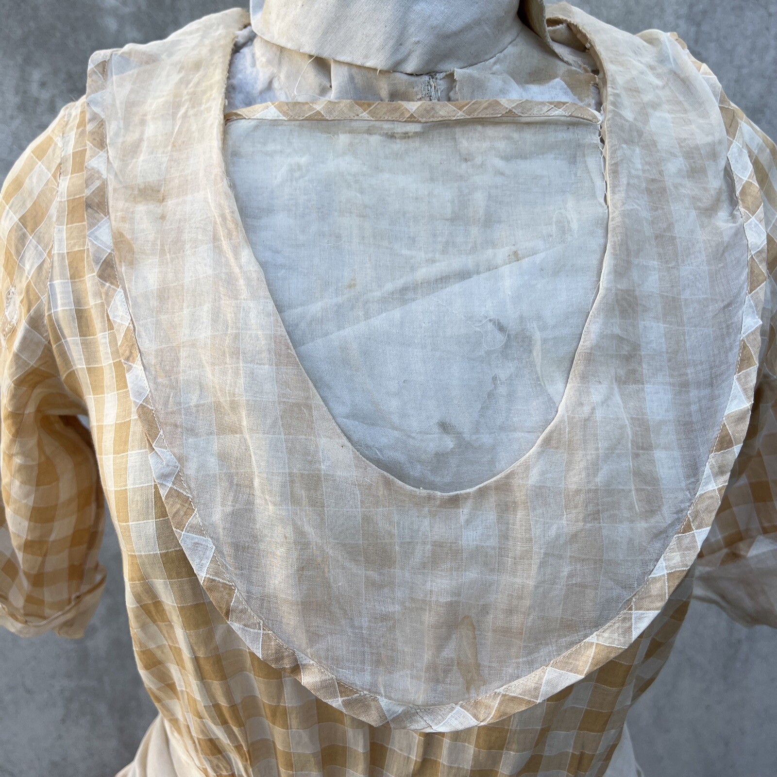 Antique 1920s 1930s Yellow Checkered Organza Cotton Dress Striped Prairie Vtg