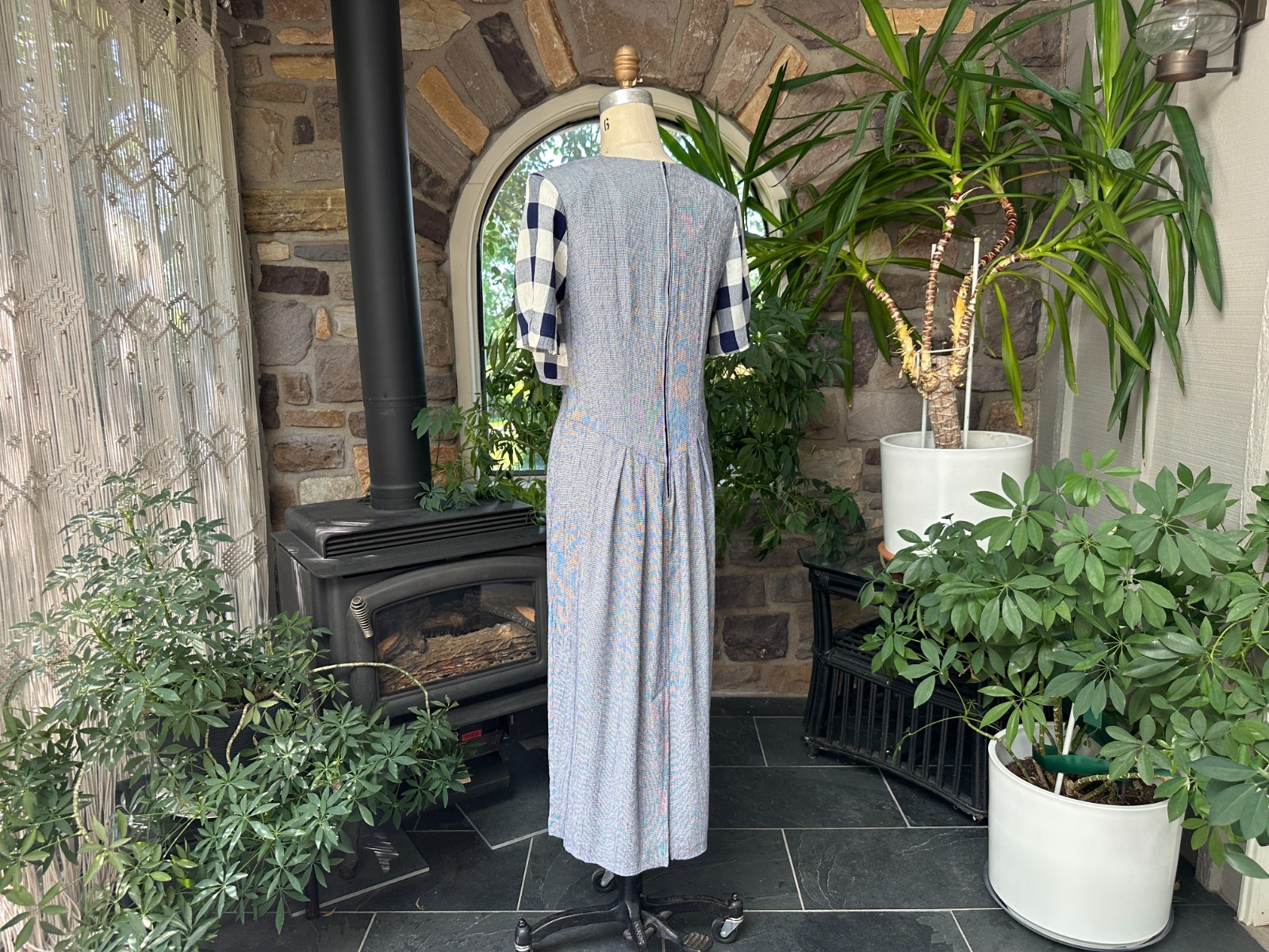 Vintage 1990s Blue and White Check Midi Dress TR Bentley