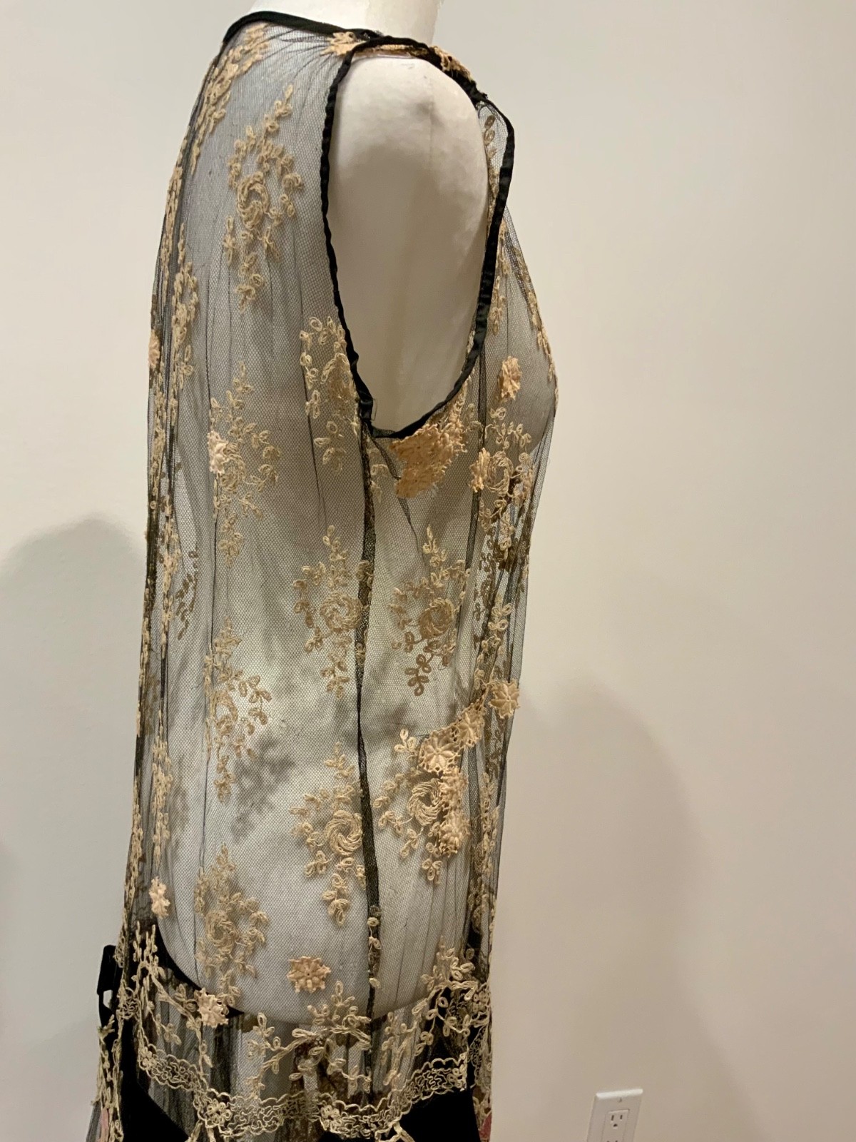 Rare 1920s French Lace Dress. Black Net & Pink Floral Embroidery. Restored S