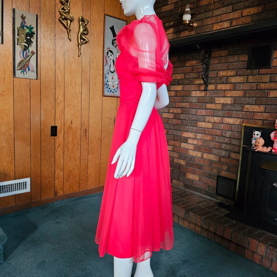 Vtg 80s Lipstick Red Queen Of Hearts Puff Sleeve Chiffon Full Prom Dress XS/S