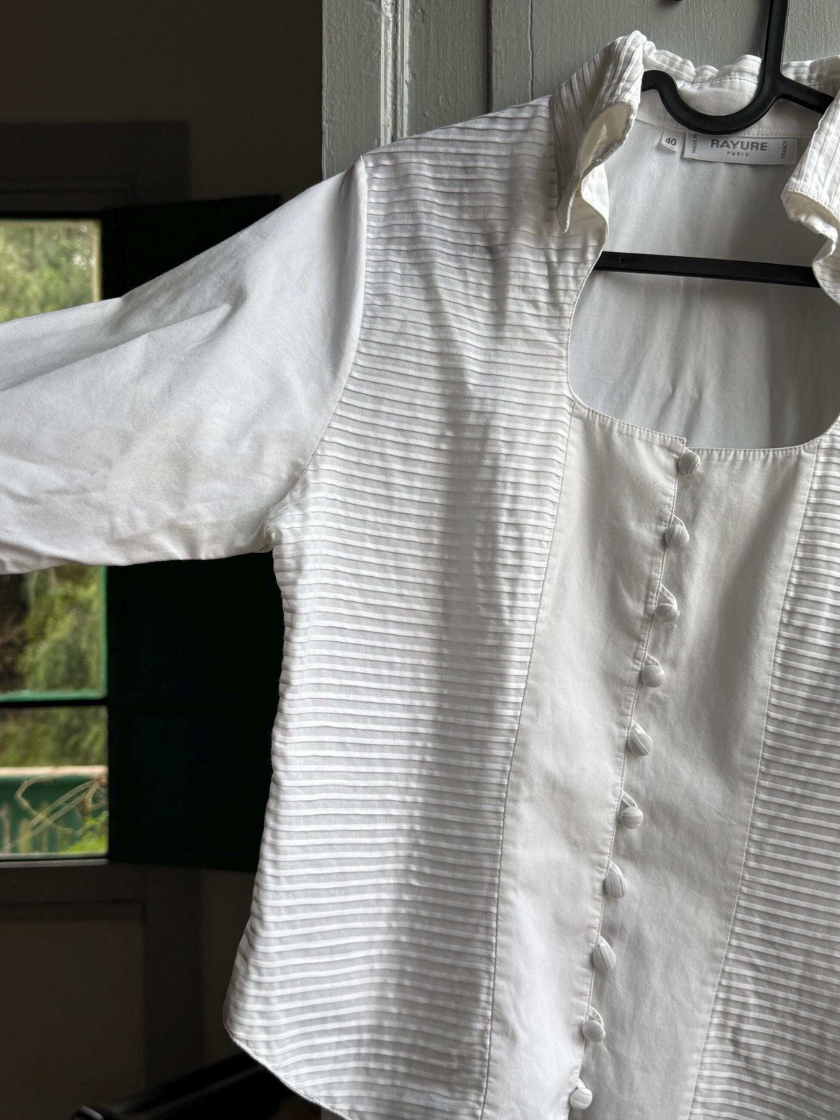 Vintage Rayure Paris white cotton woman blouse, cut out neckline, FR 40 – S