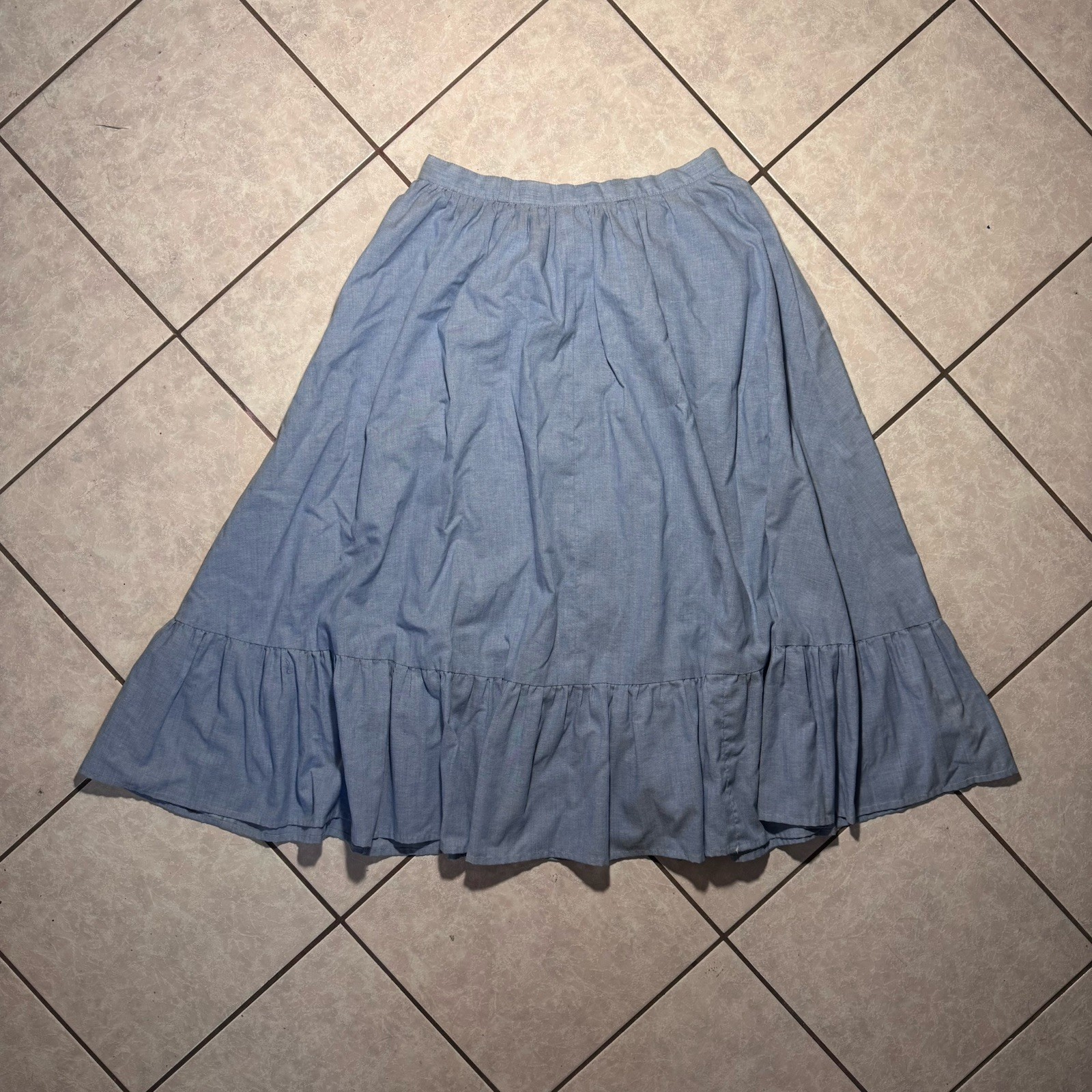 70s Handmade Ruffle Hem Denim Midi Skirt Button-Front Cottagecore Women’s M VTG