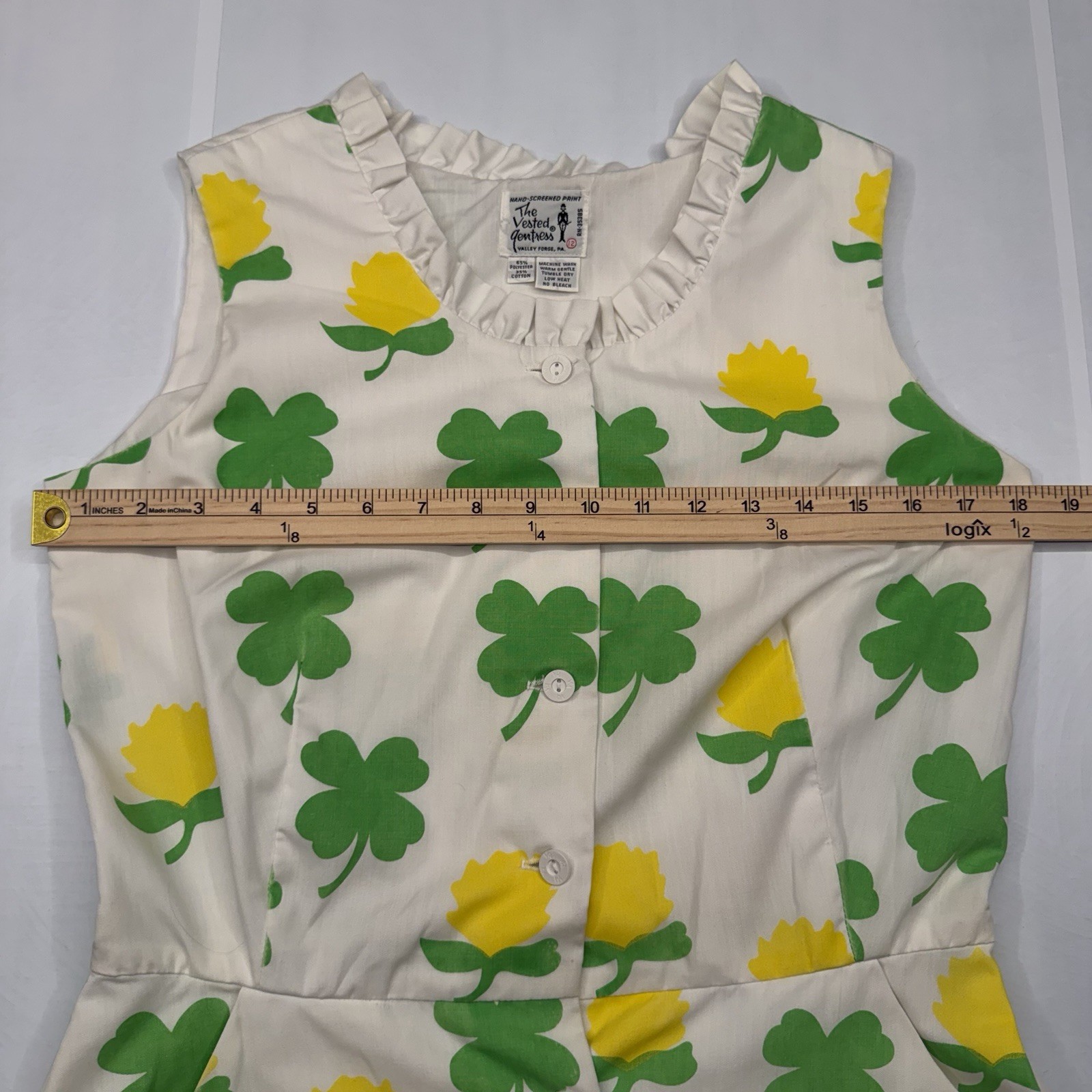 The Vested Gentress Lucky Shamrock Clover Slvls Dress Vtg 60/70s Sz 12 Medium