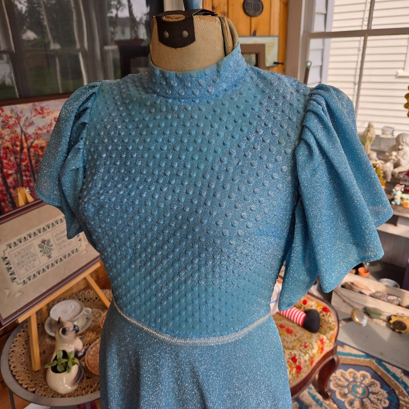 Vintage 60s Lurex Metallic Blue Maxi Disco Puffed Sleeves Transparent Size Small