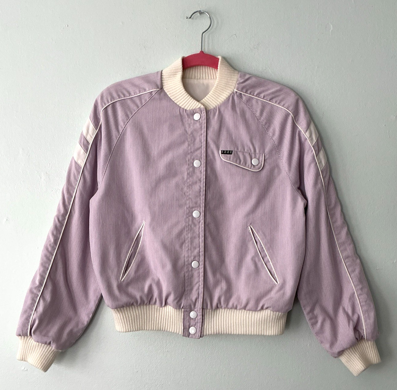 Vintage 80s–90s IZZI Reversible Bomber Jacket Lavender Pinstripe & White Varsity
