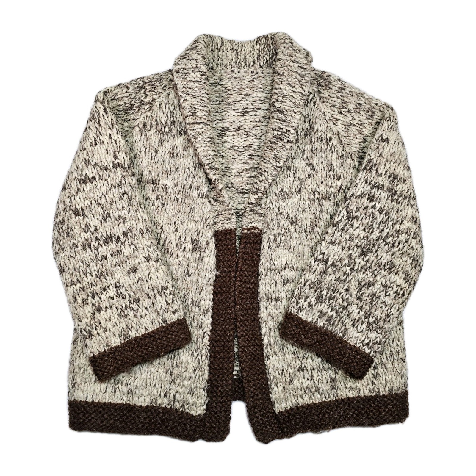 Knit Open Cardigan Sweater Adult L Oatmeal Shawl Collar Nordic Fisherman Aran