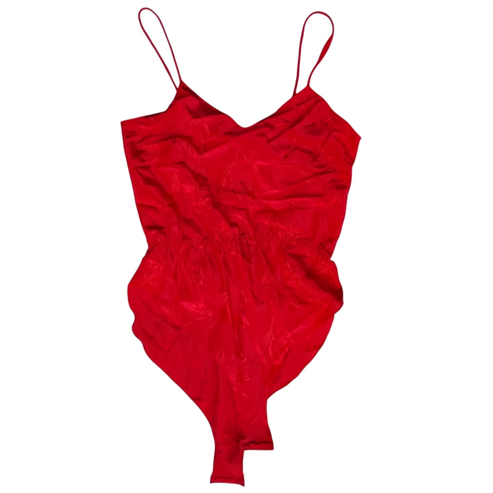 Vtg 80s Nan Flower Sz-L Embossed Satin Teddy Bodysuit Red Made In USA!
