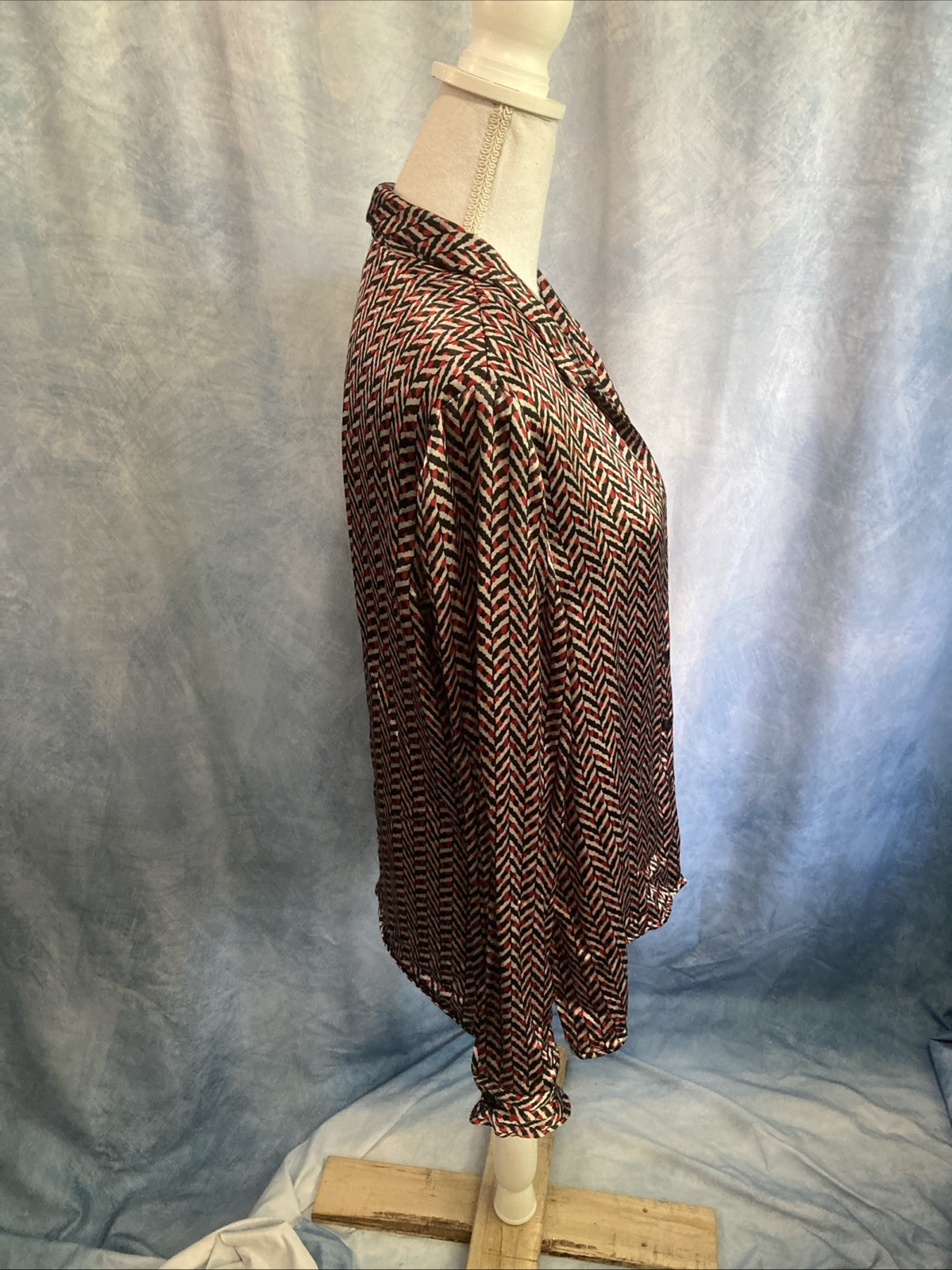 Vtg 80s 90s Gianni Rayon Satin Blouse Geometric Chevron Pads Shawl Collar 14 M