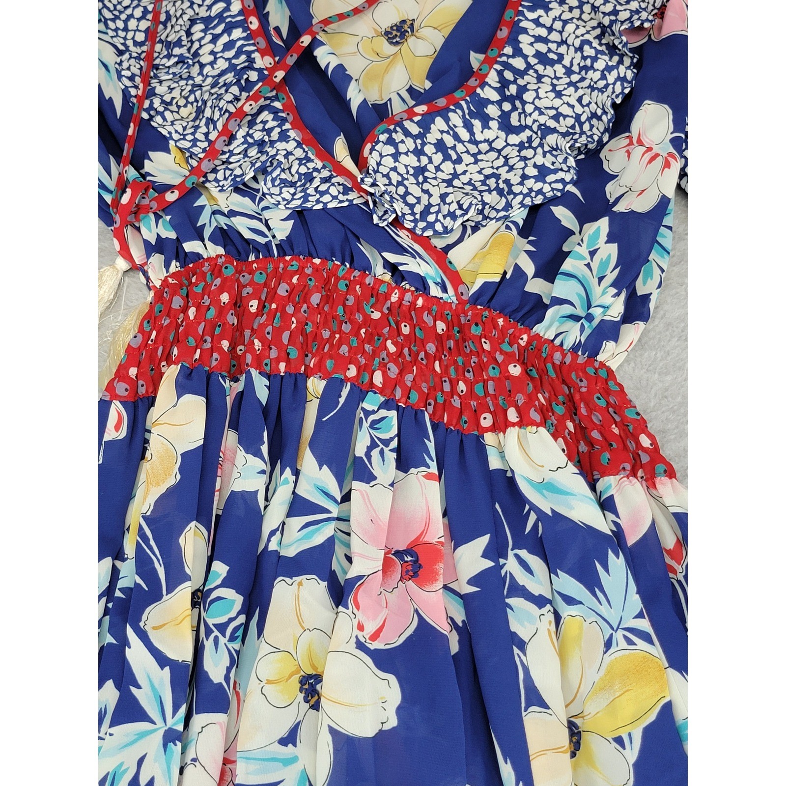 Diane Freis Vintage 80s Mixed Floral Georgette Boho Maxi Dress Blue Red Smocked