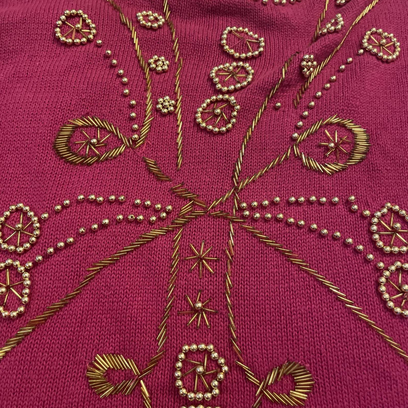 Vintage Raspberry Burgundy Knit Sweater Gold Bead Accents 80s 90s Grandma Core